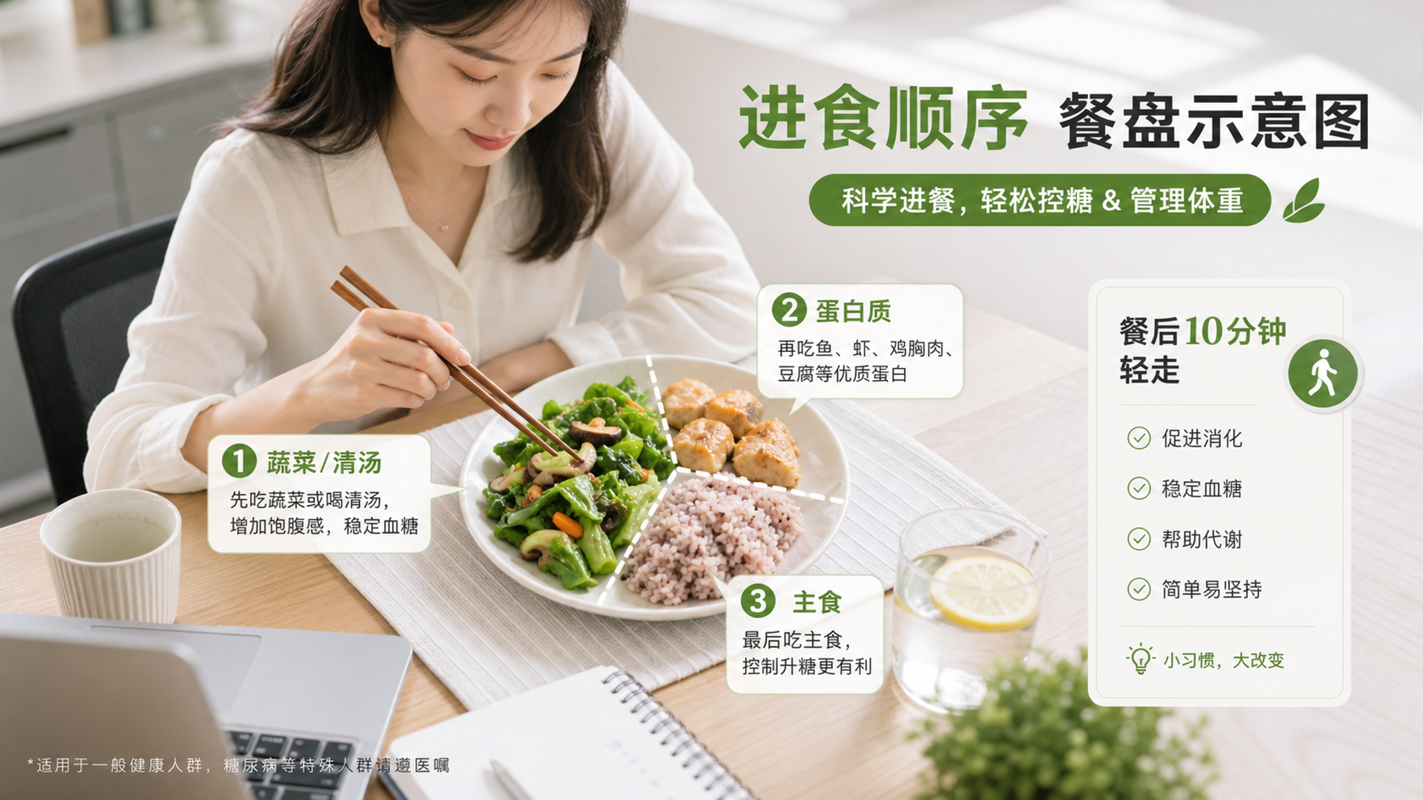 一张适合小红书的健康科普配图，场景为明亮现代的办公室午餐桌面，中国年轻白领女性坐在桌前准备吃午餐，人