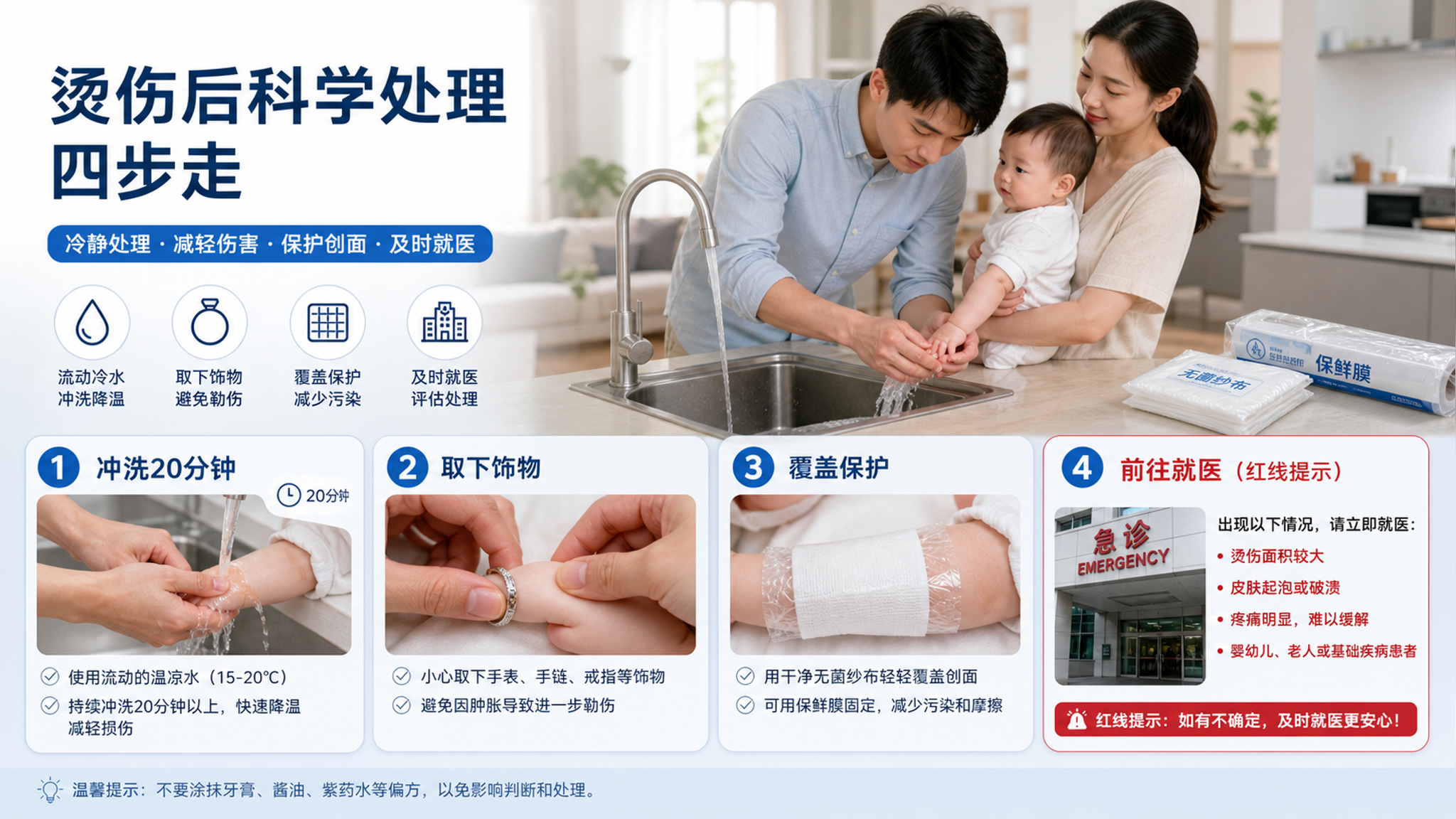 宝宝被烫伤别乱涂：20分钟冲洗+覆盖就医红线