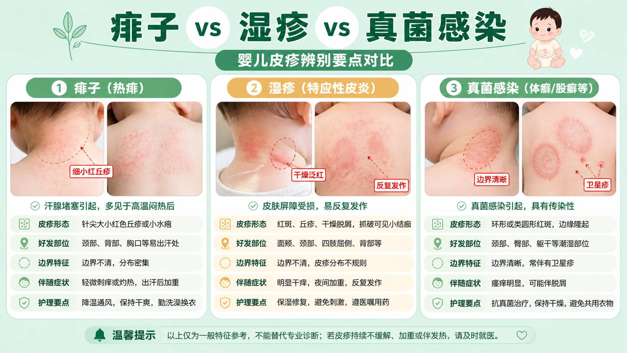 三伏天宝宝红疹别乱抹：痱子湿疹真菌一眼分清