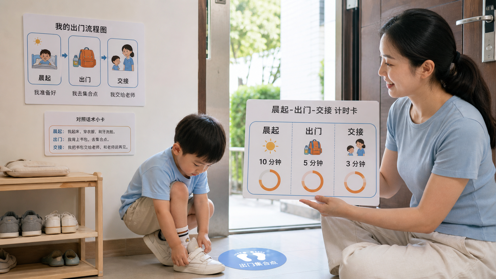 中国年轻妈妈与中国幼儿在家门口的玄关区域进行早晨出门流程训练,妈妈手持一张“晨起-出门-交接”三段式