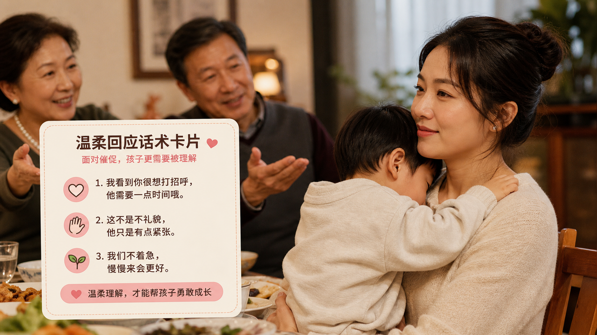 中国家庭聚会饭桌场景,中国年轻妈妈抱着一位中国幼儿,幼儿把脸埋在妈妈肩上显得害羞紧张;旁边一两位中国