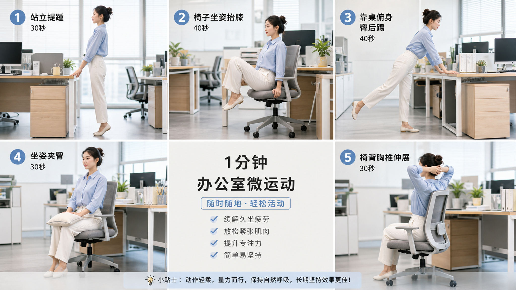 久坐腰酸臀塌？每天5次1分钟工位微运动