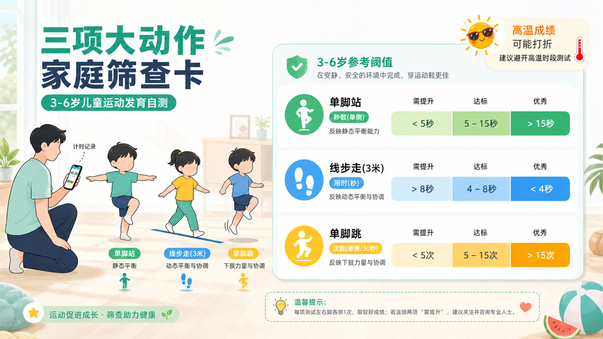 3个动作测出孩子协调性：3-6岁分龄标准+夏季别误判