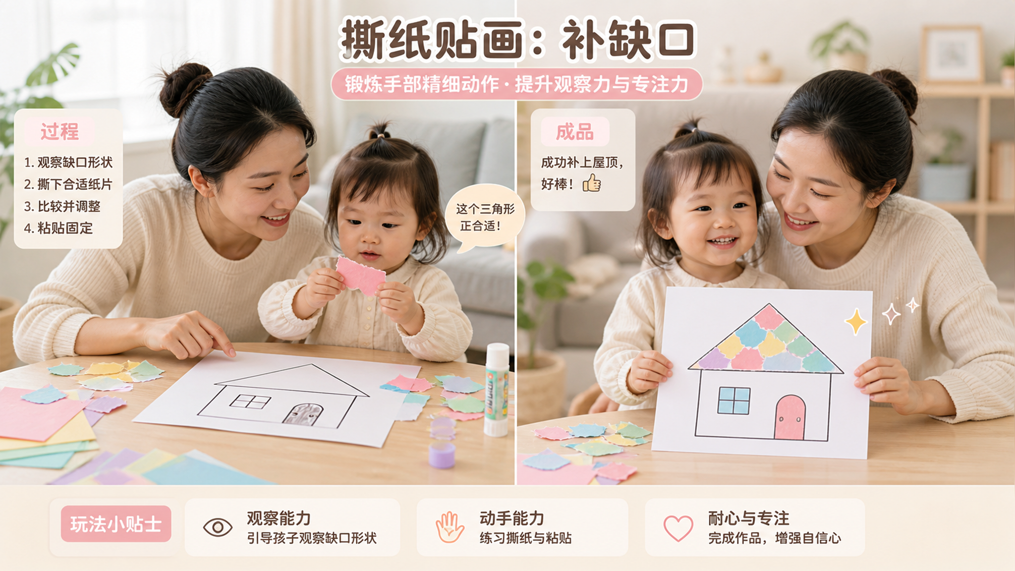 中国年轻妈妈在家中明亮客厅的桌边,陪1-3岁中国幼儿进行撕纸贴画“补缺口”游戏,桌面有马卡龙色彩纸、