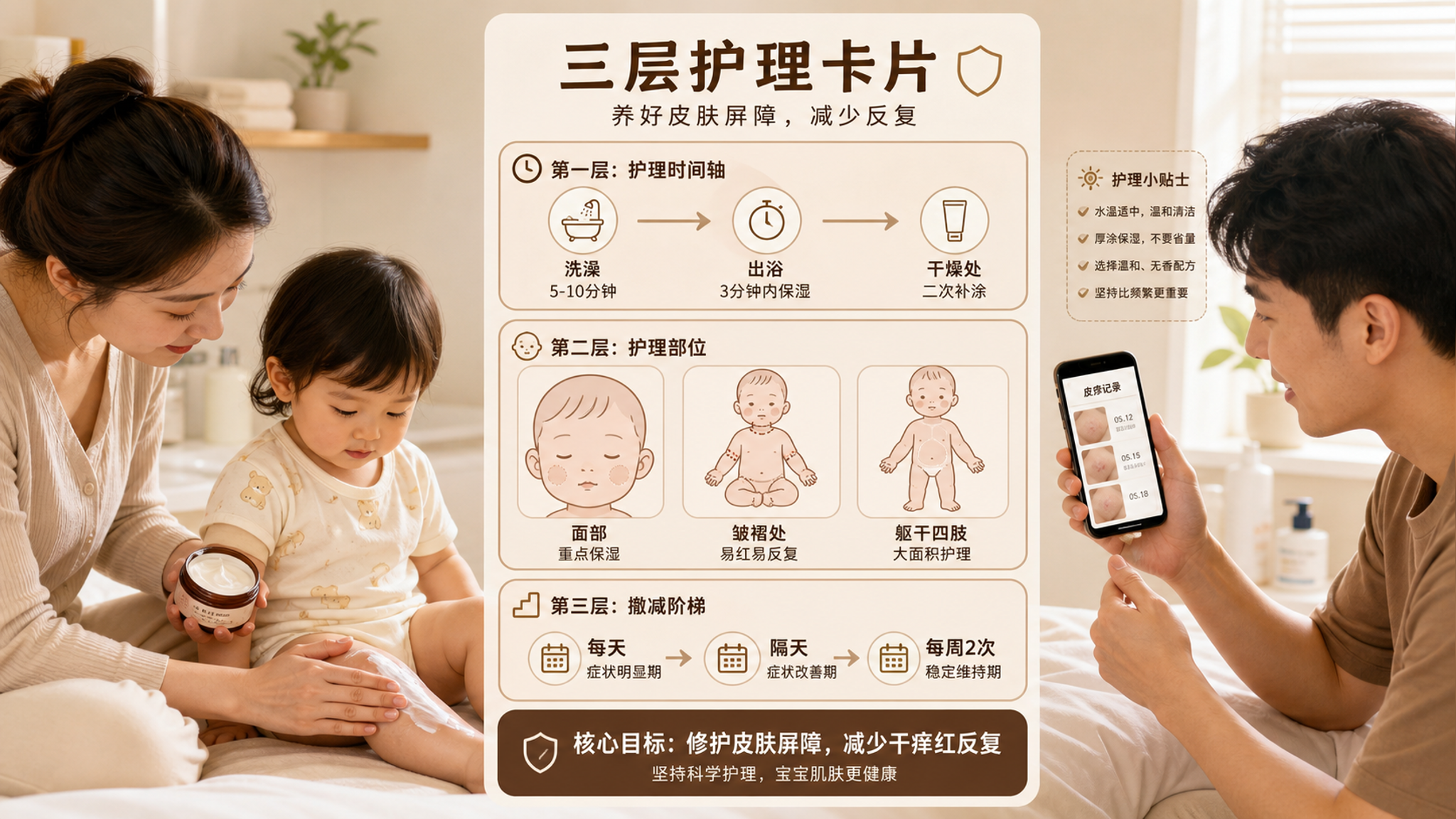 竖版海报构图,中国年轻父母在家中温暖整洁的浴室/卧室一角为1-3岁中国幼儿做皮肤护理,妈妈手持润肤霜