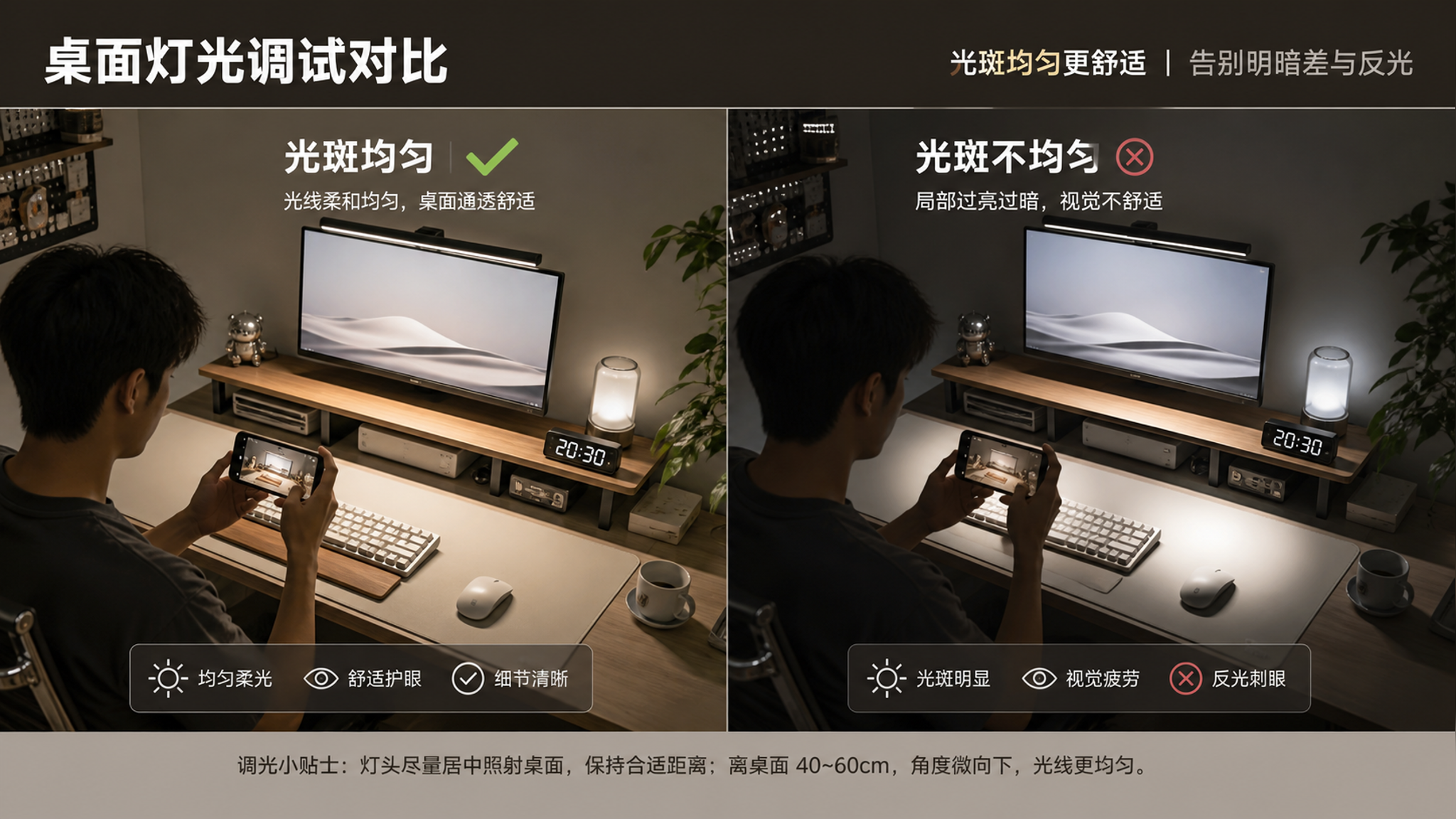 中国年轻男性在夜晚书房桌前调试桌面灯光，人物侧身坐在电脑前，手持手机拍摄桌面俯拍对比，桌面有显示器、