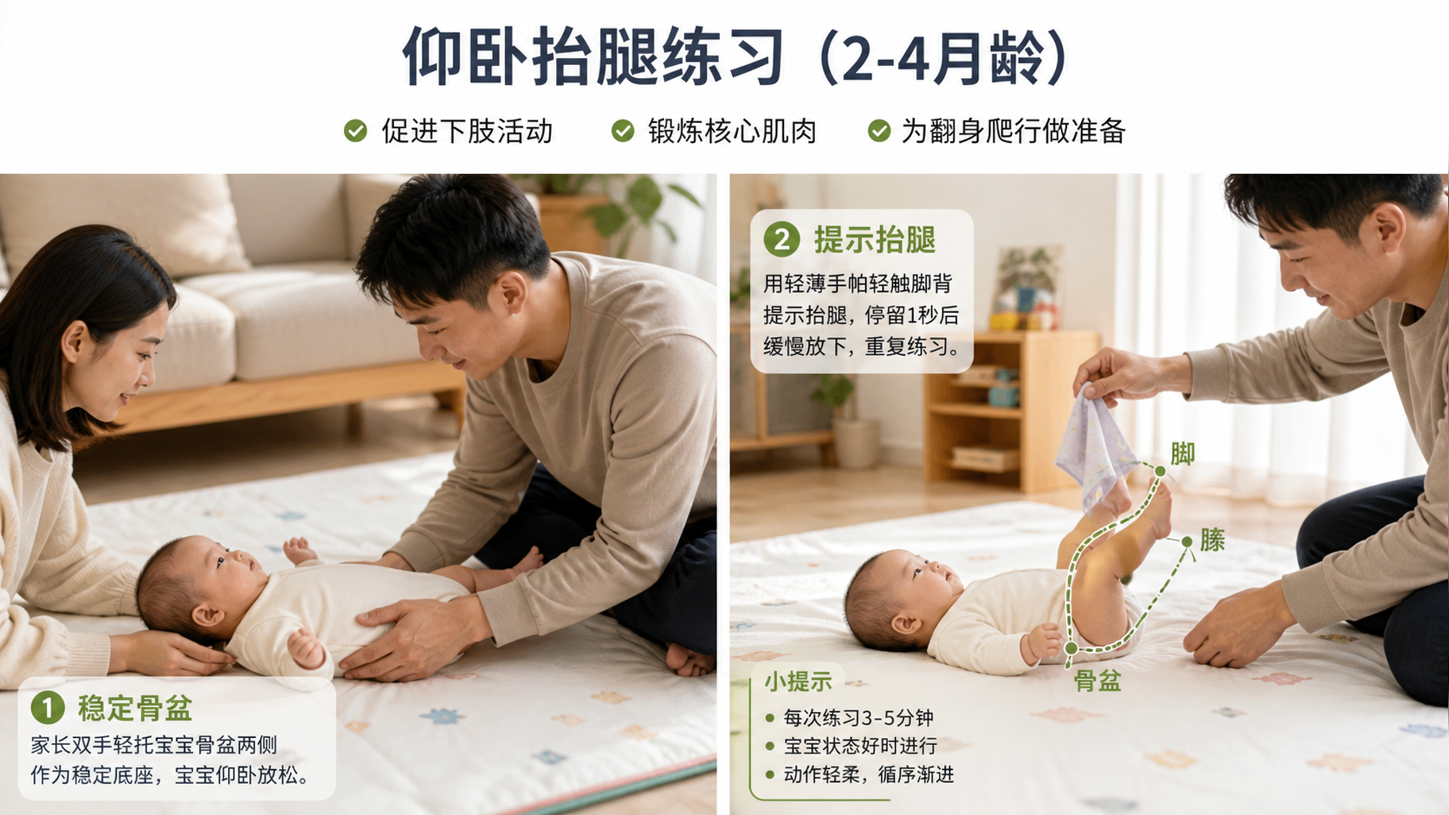 宝宝抬腿总是乱踢？2-4月练好骨盆稳定这3步