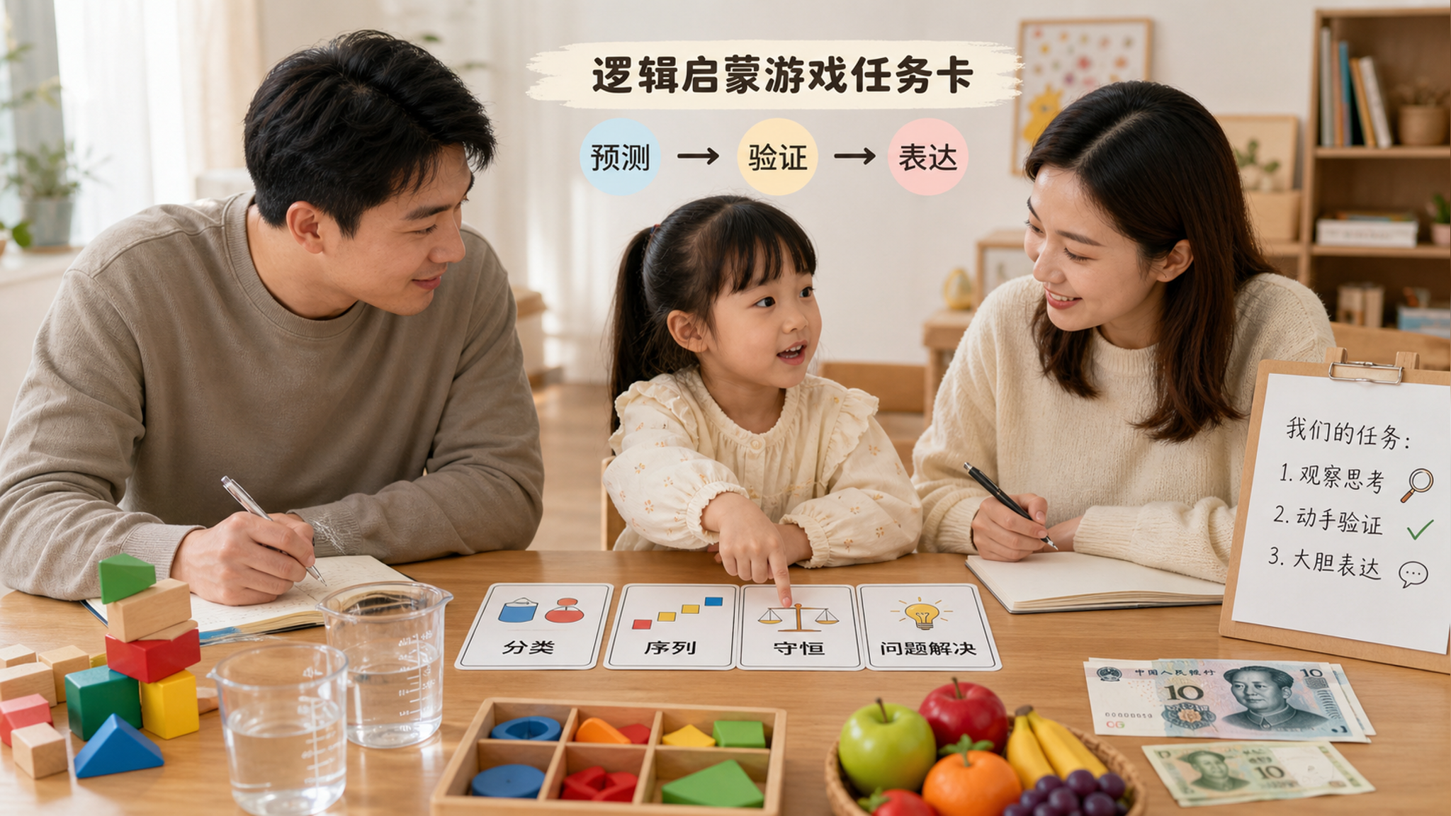 竖版构图，明亮整洁的中国家庭餐桌场景，中国年轻父母陪一位中国学龄前儿童进行“逻辑启蒙游戏任务卡”，桌