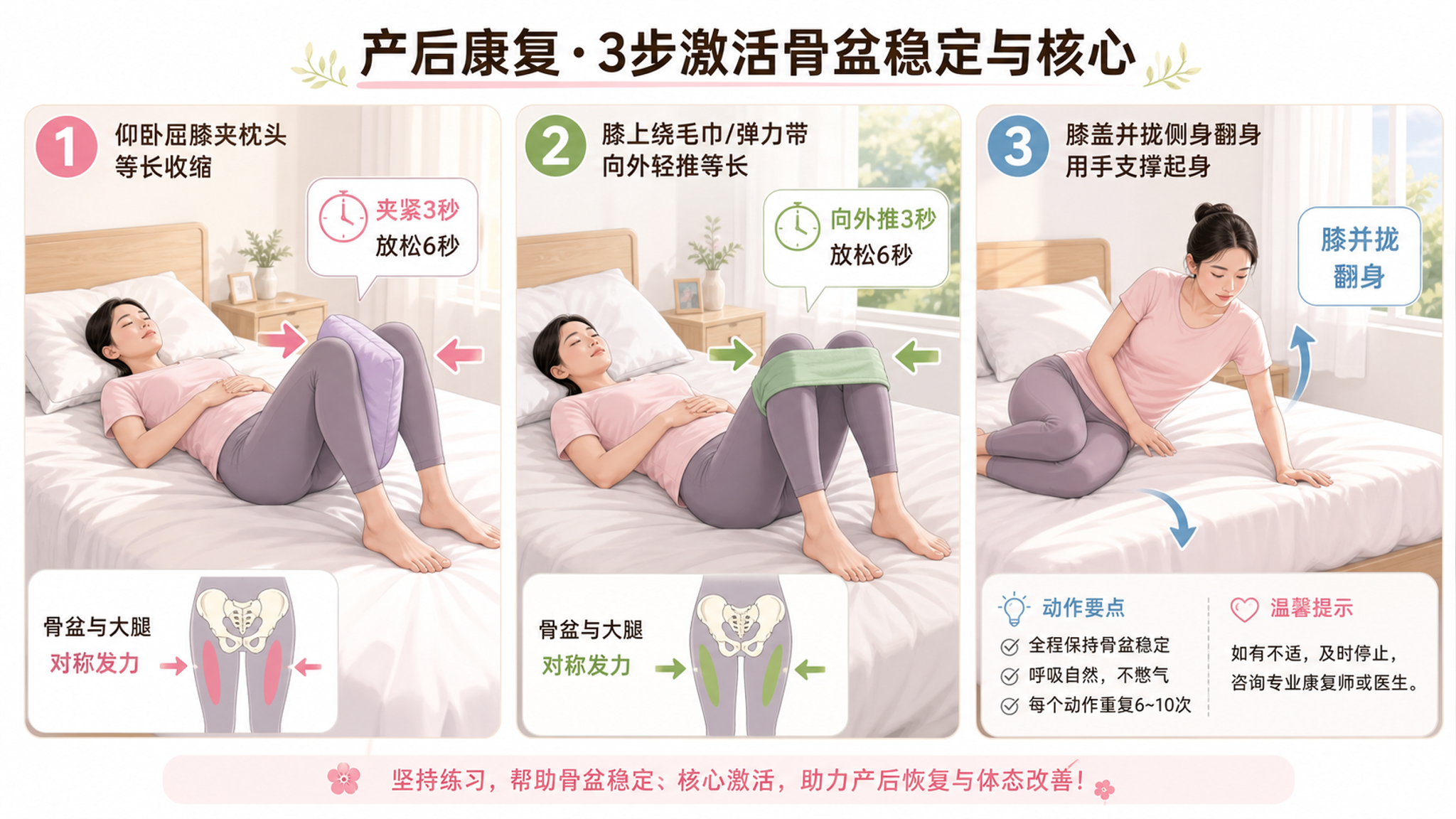 产后耻骨痛别硬撑走路 3个床上稳髋动作