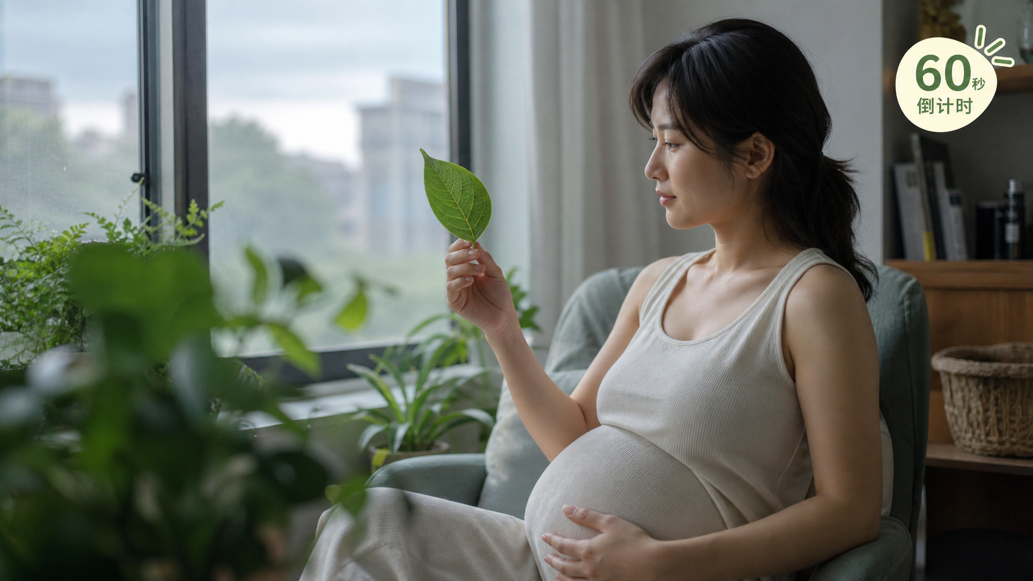 夏日室内靠窗场景，中国年轻孕妈妈坐在沙发或靠椅上，手里拿着一片绿色叶子做微距观察，另一只手轻放在腹部