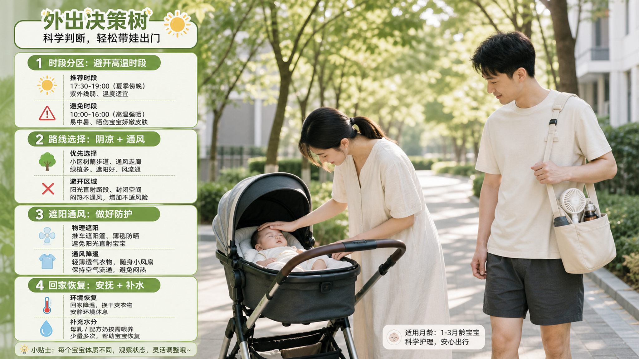1-3月龄宝宝8月外出：时段路线遮阳回家恢复一张决策树