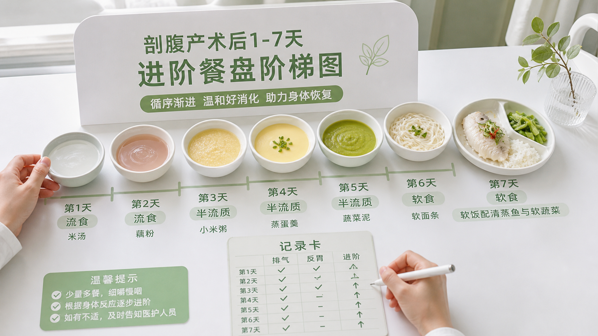 剖腹产术后1-7天怎么吃不胀气不反胃？按天进阶餐盘照做