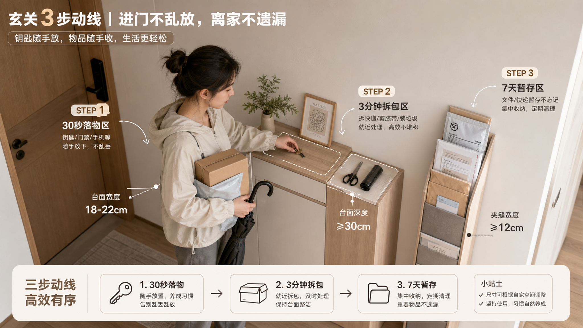 玄关不乱靠“时间脚本”：30秒落物+3分钟拆包+7天暂存（附尺寸）
