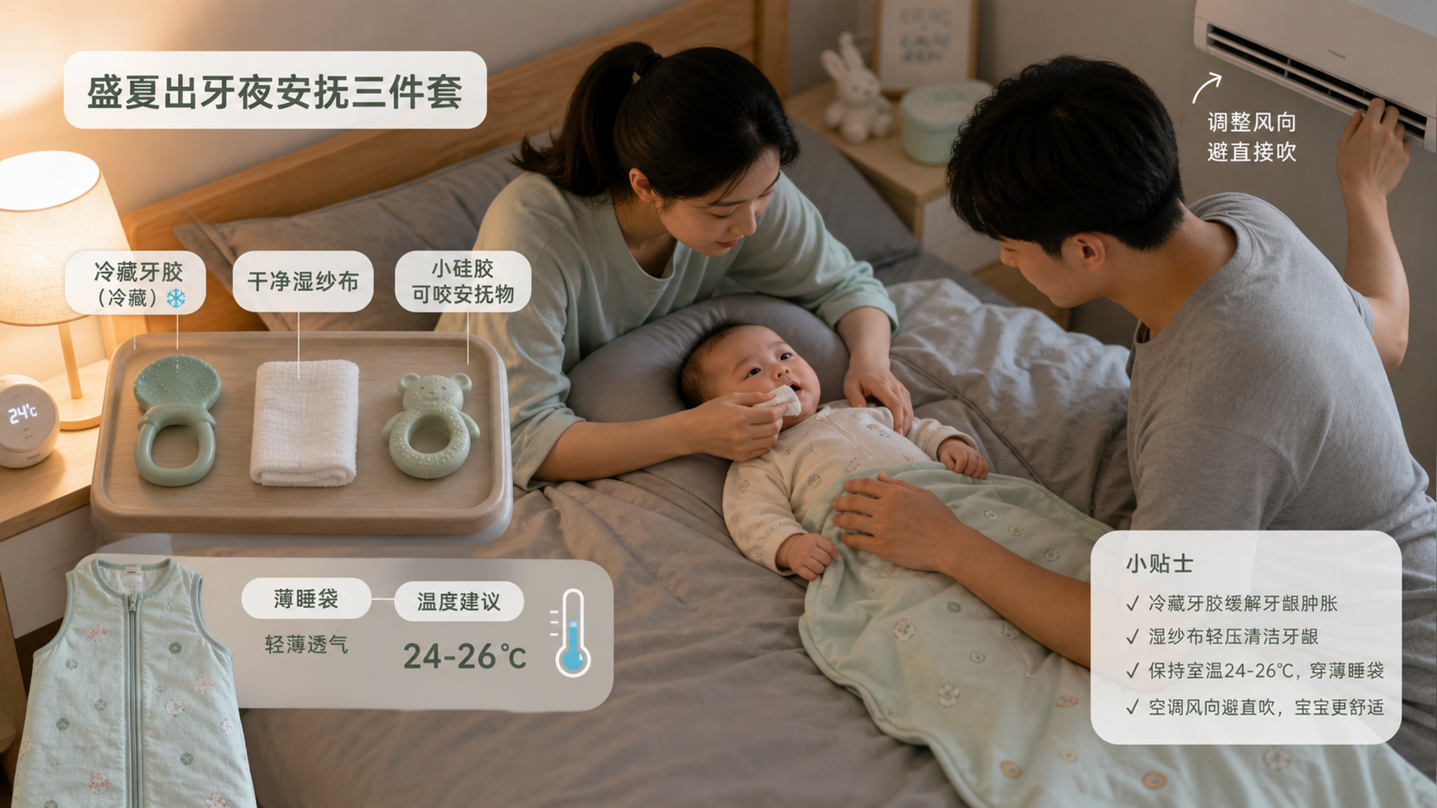 中国年轻父母在卧室夜间柔和灯光下照顾中国婴儿，床边小桌上整齐摆放“盛夏出牙夜安抚三件套”：冷藏牙胶（