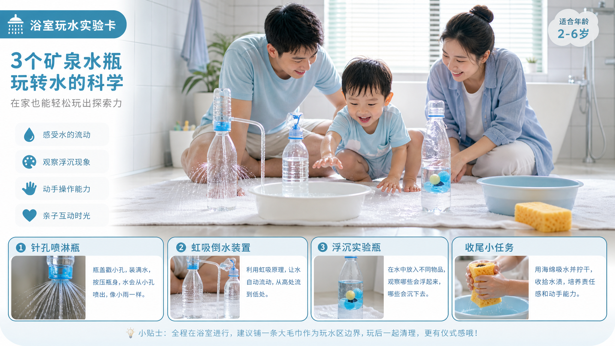 不出门也能玩水不乱：3个矿泉水瓶室内戏水