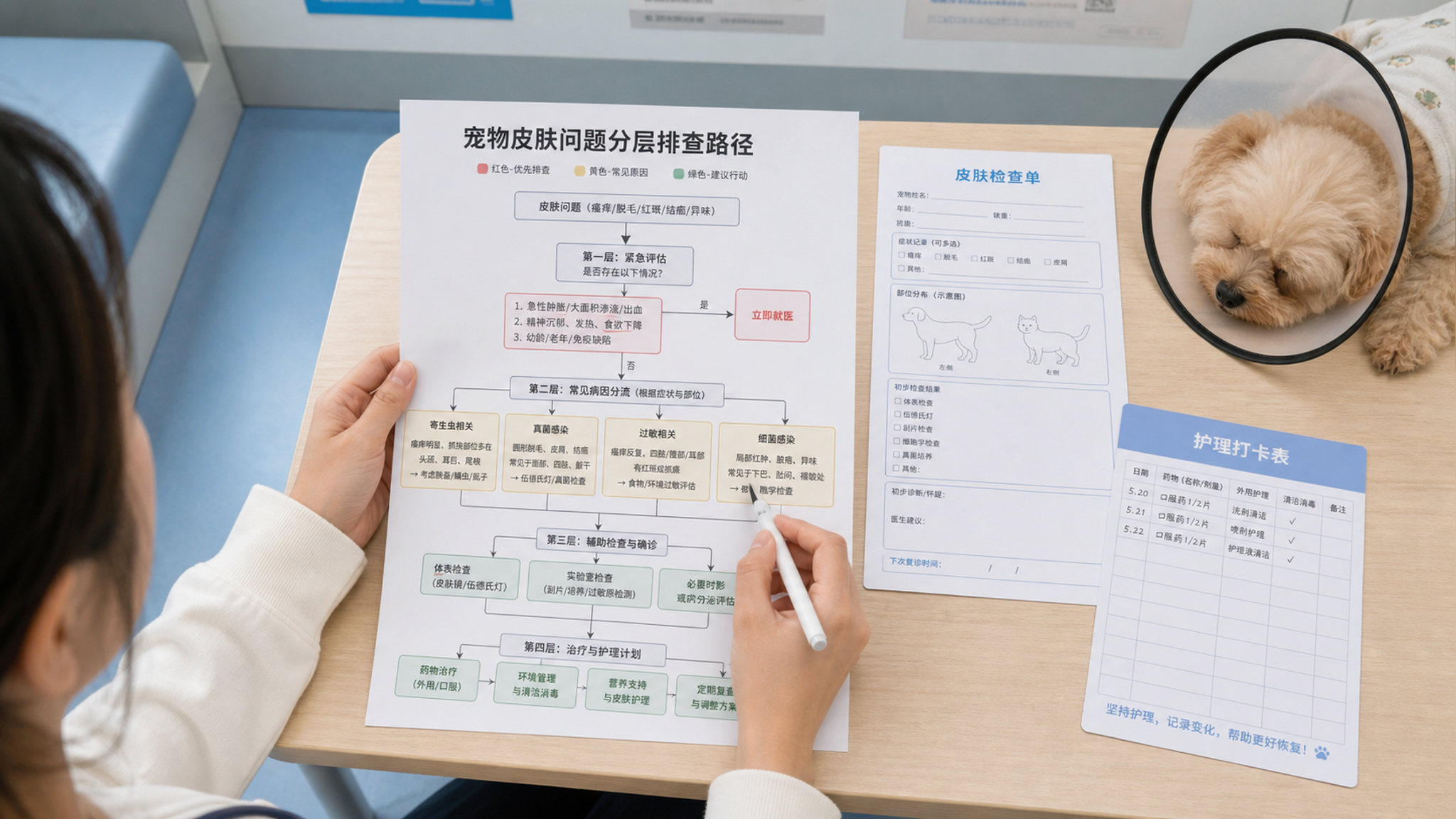 真实生活方式摄影风格的画面，中国年轻主人在宠物医院候诊区或诊室外的桌边，手里拿着一张“宠物皮肤问题分