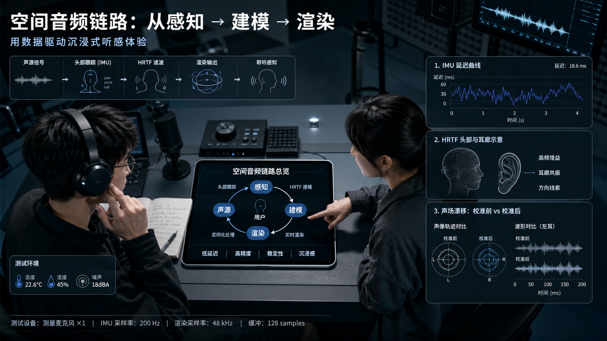 高智感音频实验室场景，中国年轻男性工程师与中国年轻女性内容创作者在桌前进行耳机空间音频测试，人物一人