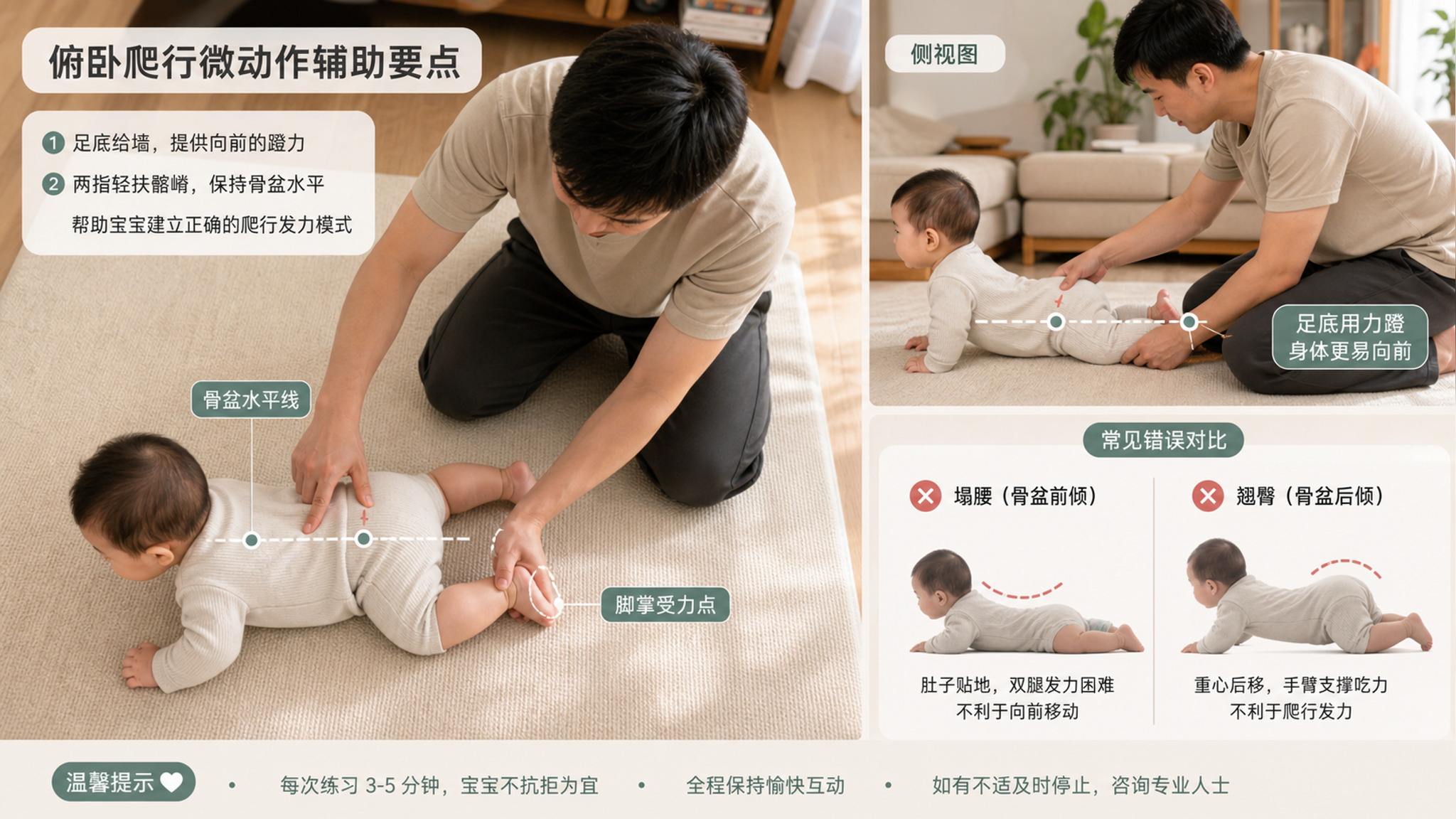 生活方式科普配图风格，明亮整洁的中国家庭客厅地垫上，一位中国年轻爸爸跪坐在旁边辅助中国婴儿俯卧练习爬
