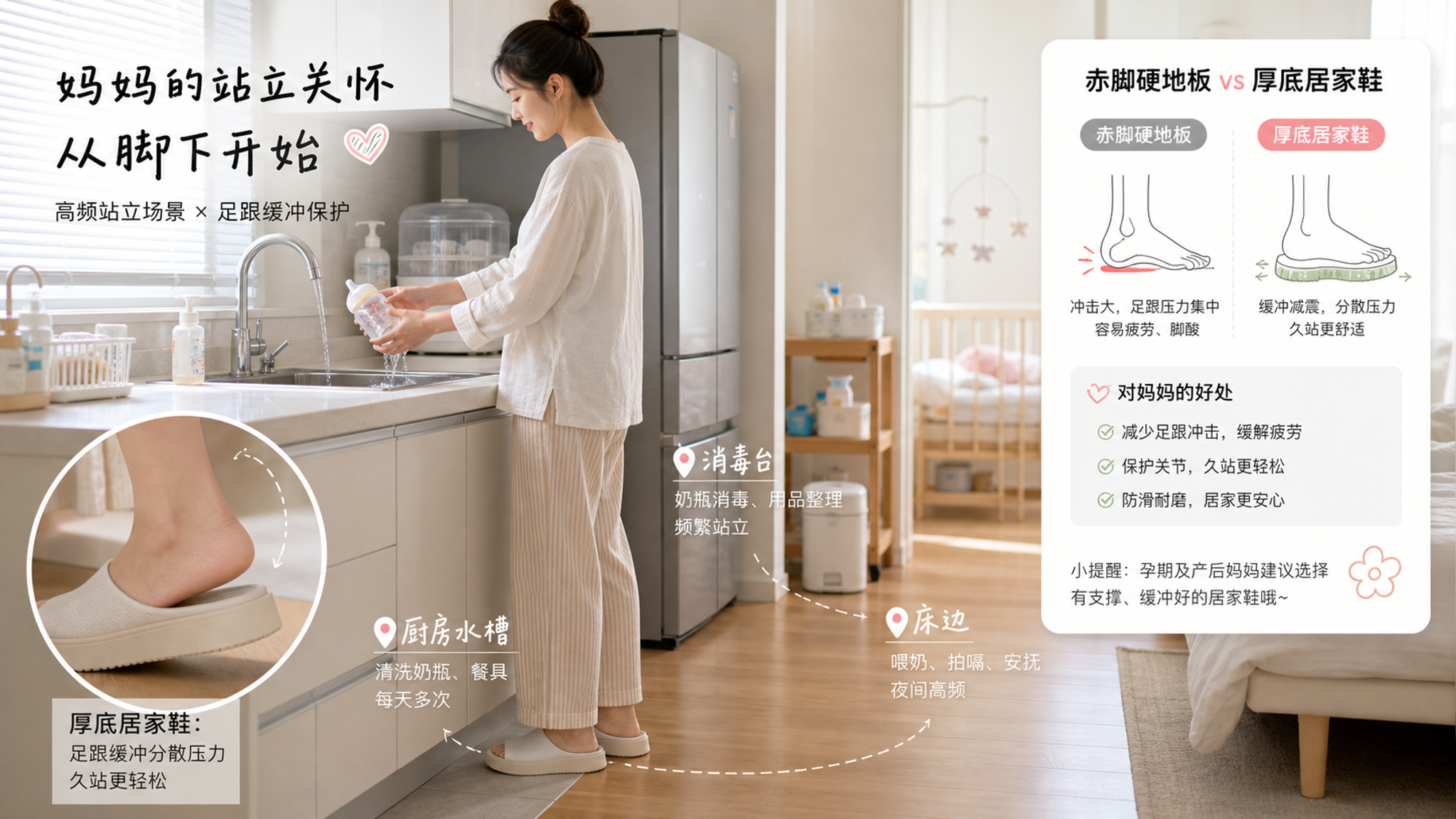 中国年轻妈妈在夏季明亮整洁的家中厨房与婴儿护理区之间活动，脚上穿厚底居家拖鞋，正站在水槽前冲洗奶瓶；