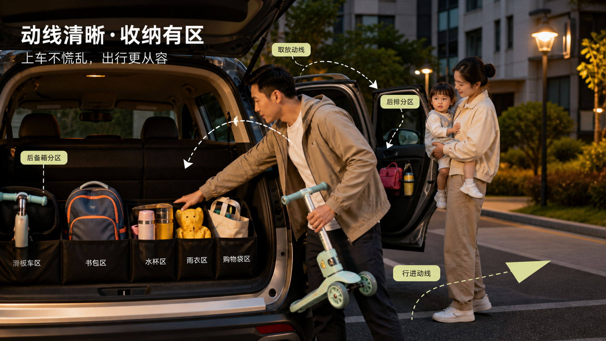 中国年轻父母在傍晚小区停车位旁整理汽车后备箱与后排，妈妈抱着中国幼儿，爸爸把儿童滑板车、书包、水杯、