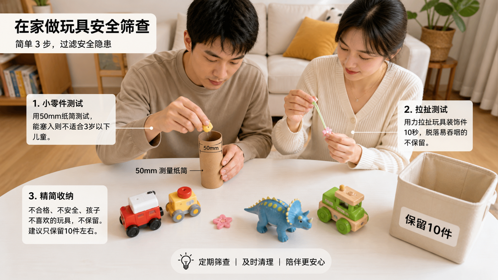 明亮整洁的中国家庭客厅场景,中国年轻爸爸和妈妈一起做玩具安全筛查,桌面上摆放一支自制50mm测量纸筒