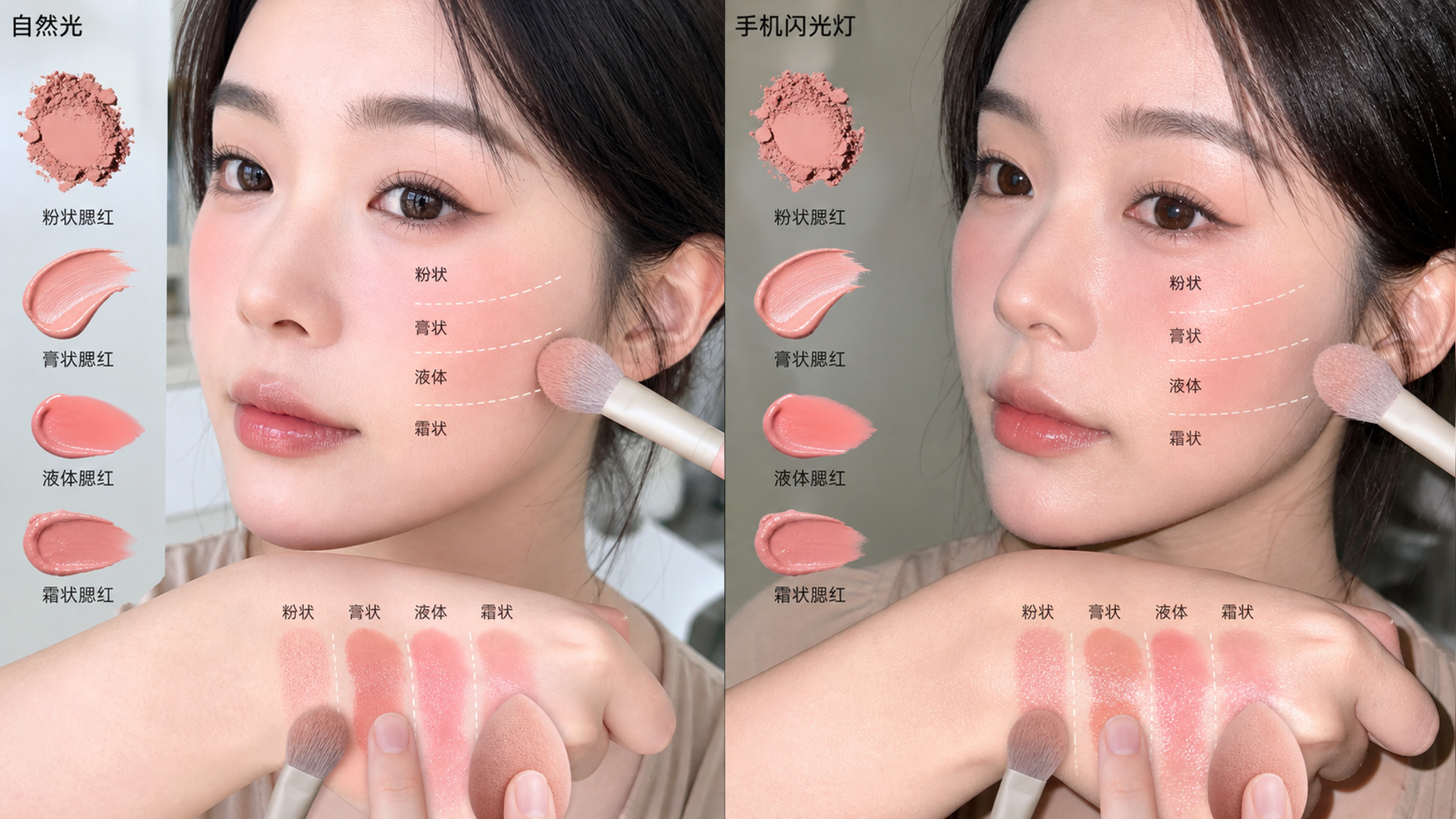 闪光灯下腮红变砂纸？粉膏液霜显毛孔实测思路
