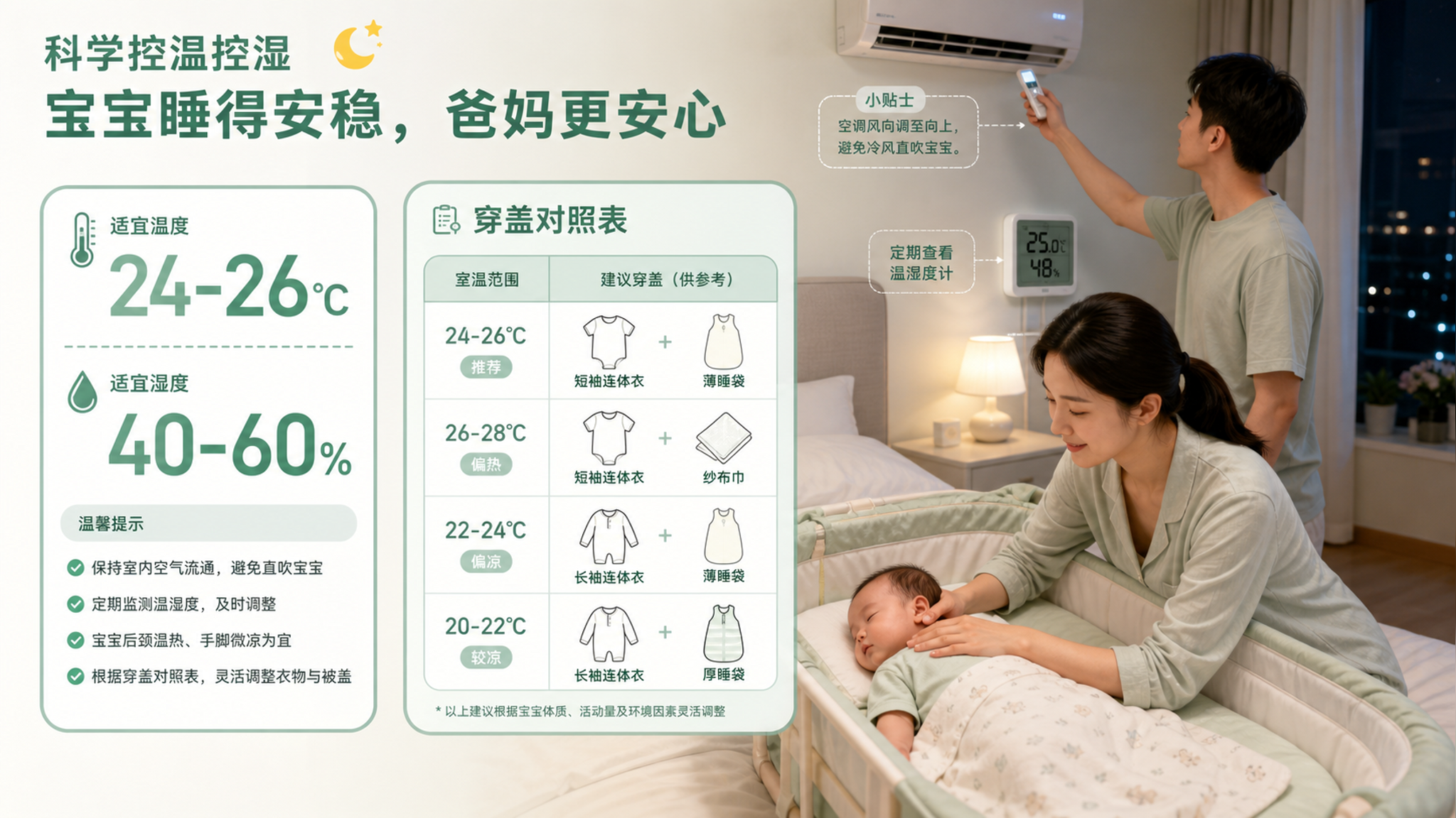 清新薄荷绿色调的信息图风格画面，中国年轻父母在卧室夜间照看中国4-6个月宝宝入睡，妈妈轻轻用手摸宝宝