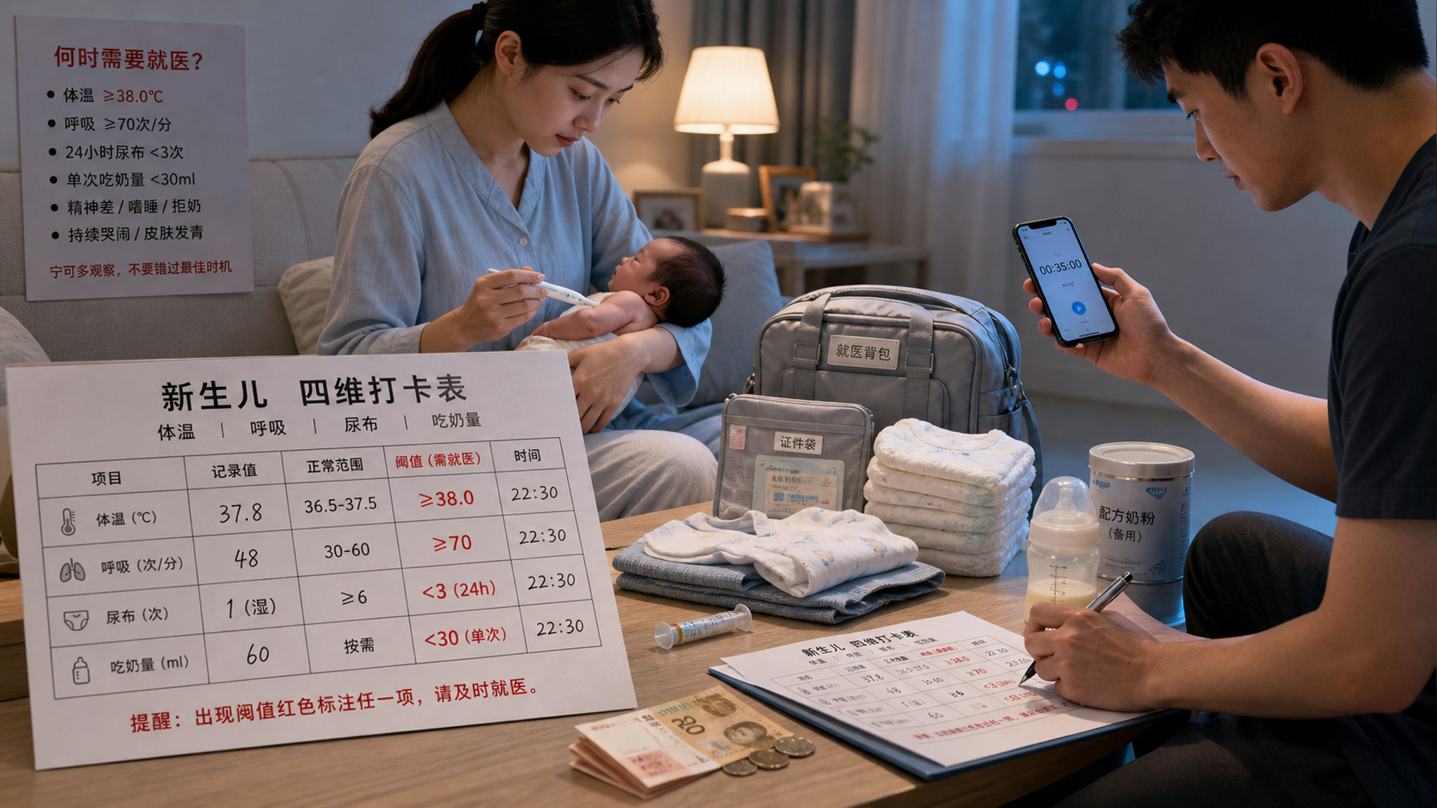 新生儿夜里不对劲别硬扛：四维打卡+就医阈值清单