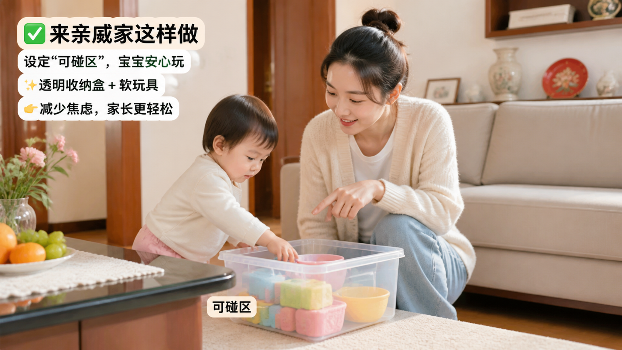 中国亲戚家客厅场景，中国年轻妈妈带着1-2岁中国幼儿刚进门，妈妈蹲下把一个透明收纳盒放在茶几旁作为“