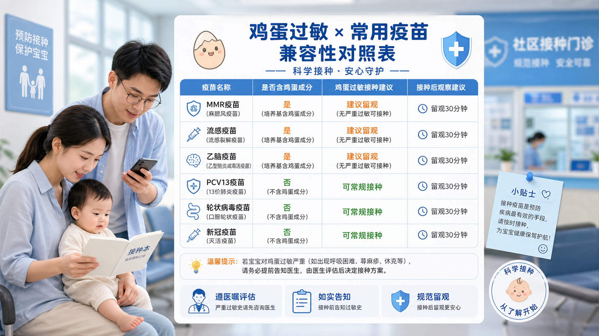 竖版信息图海报风格，干净清晰的“鸡蛋过敏×常用疫苗兼容性对照表”，场景为社区接种门诊的候诊区背景虚化