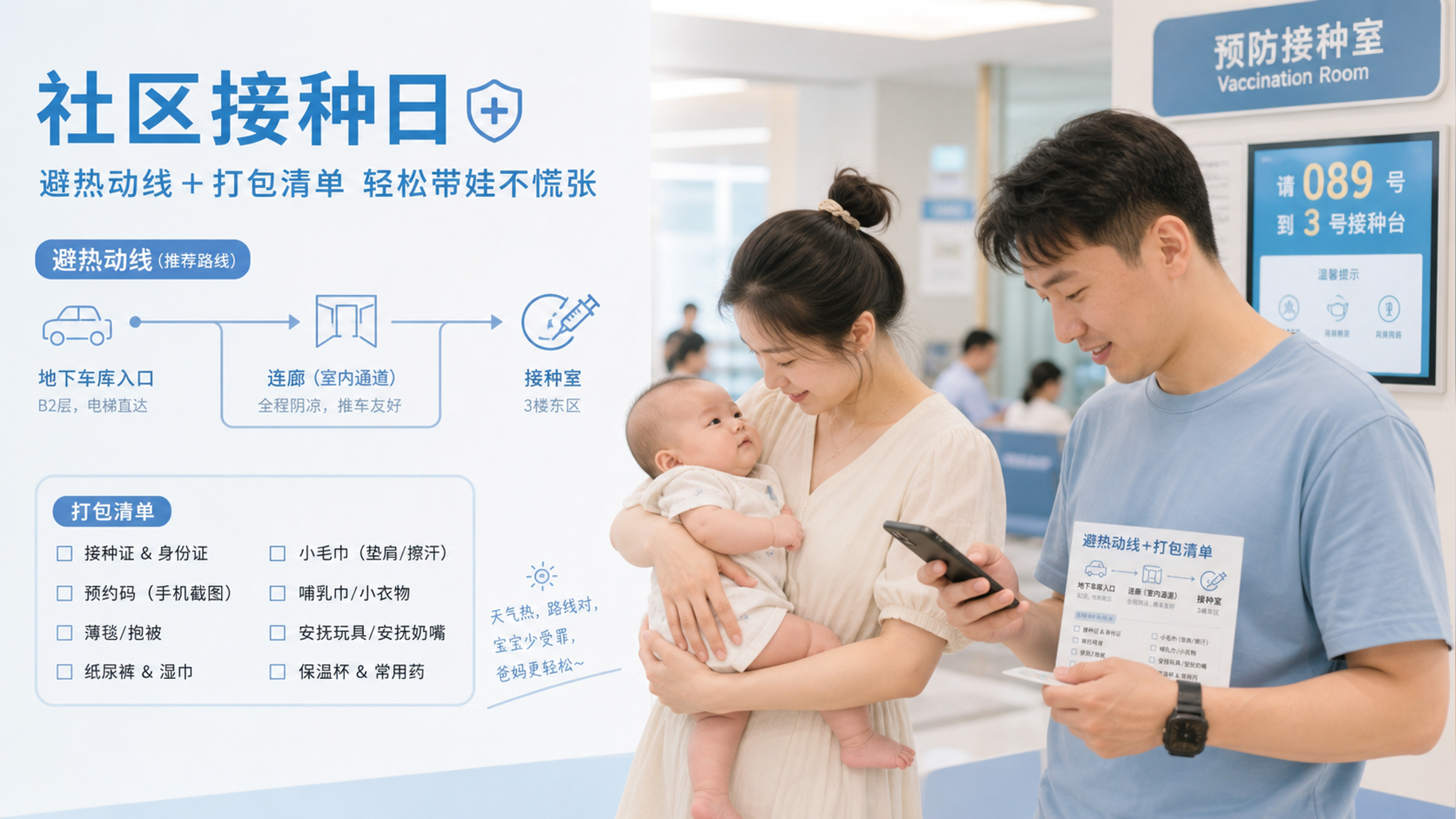 中国年轻父母带着4-6个月中国婴儿在社区卫生服务中心接种日场景，妈妈抱着婴儿安抚，爸爸手拿手机查看预