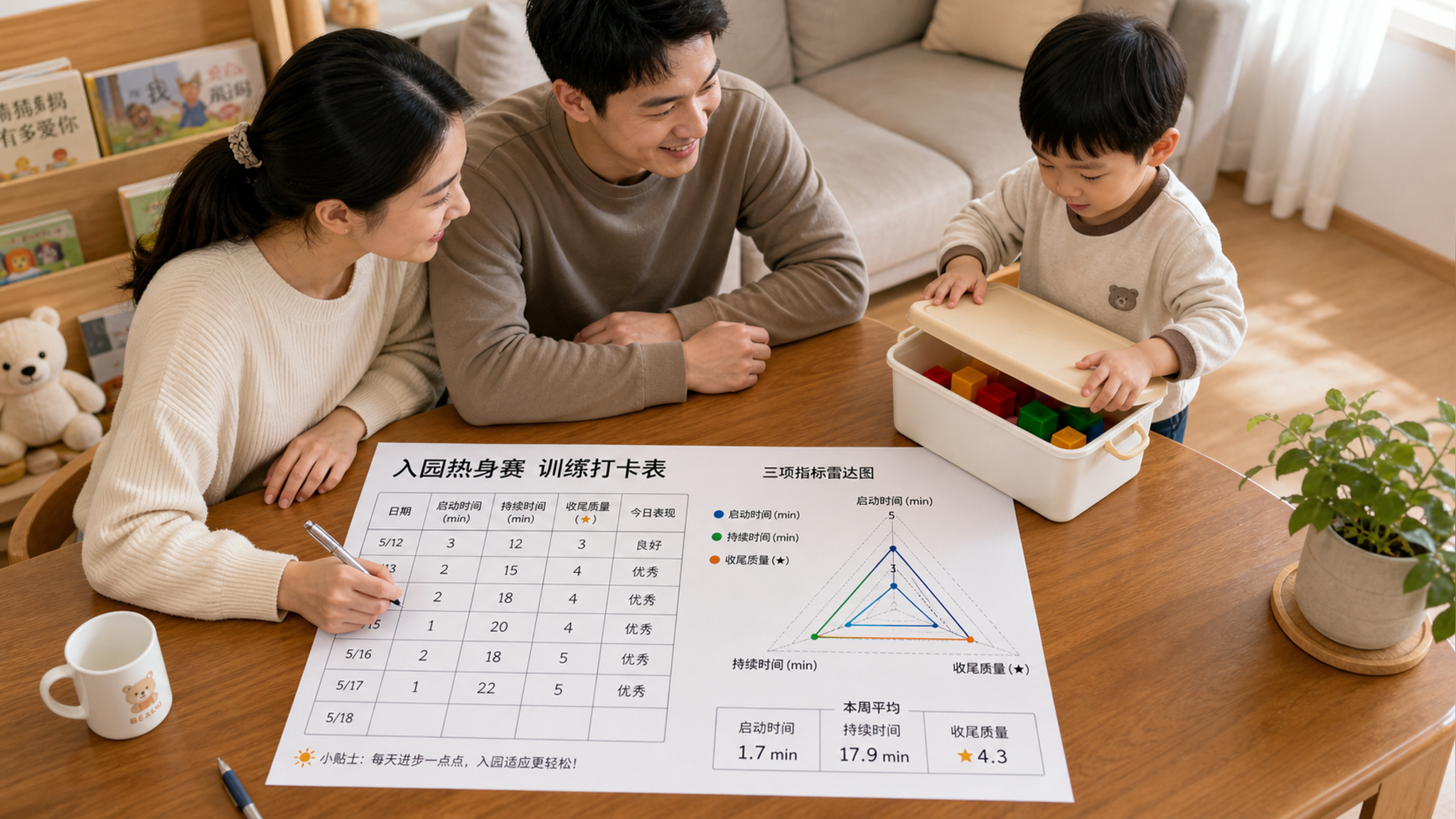 中国年轻父母在家中客厅的餐桌旁，和一位中国幼儿一起做“入园热身赛”训练打卡；桌面放着一张简洁的数据化