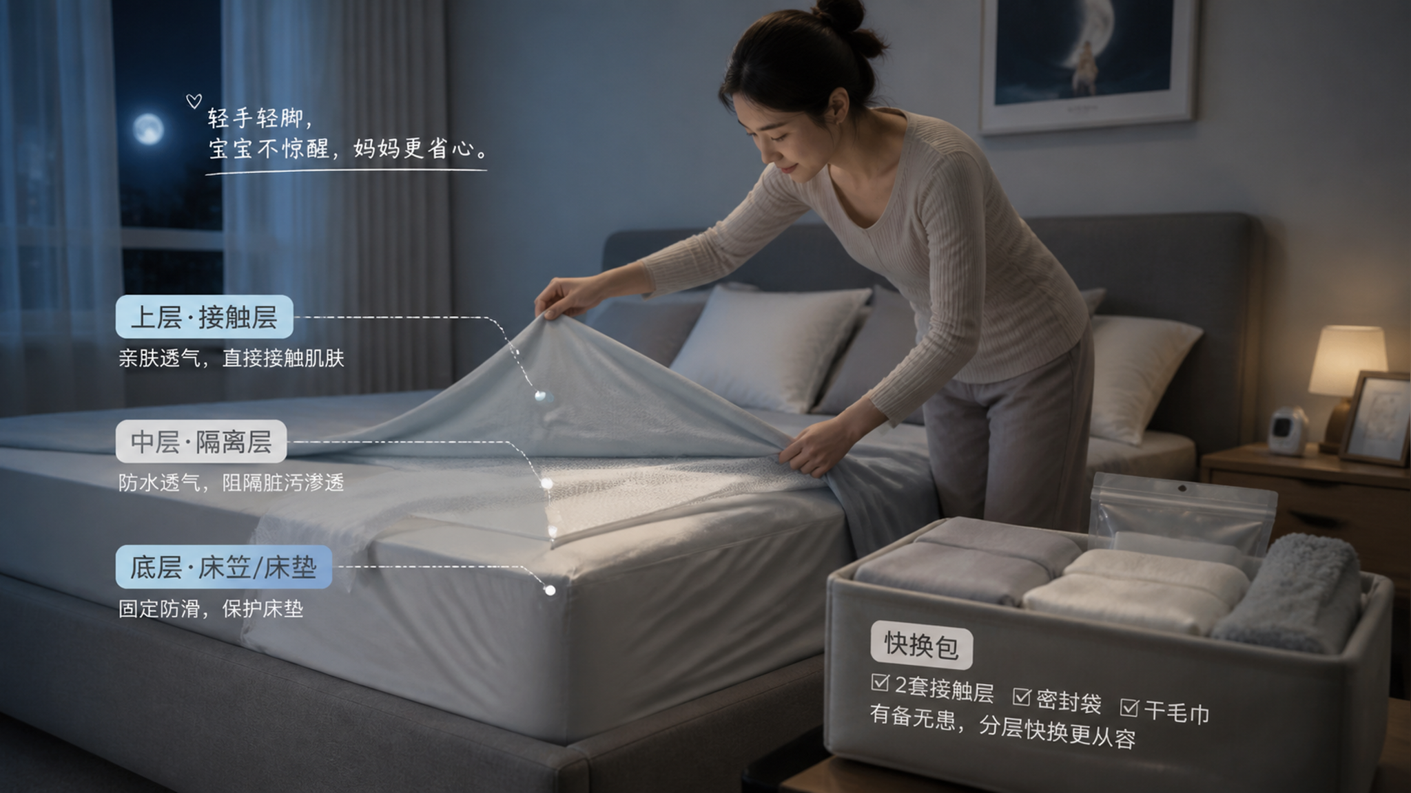 产后夏夜总被黏醒？用床面分层做个无声快换