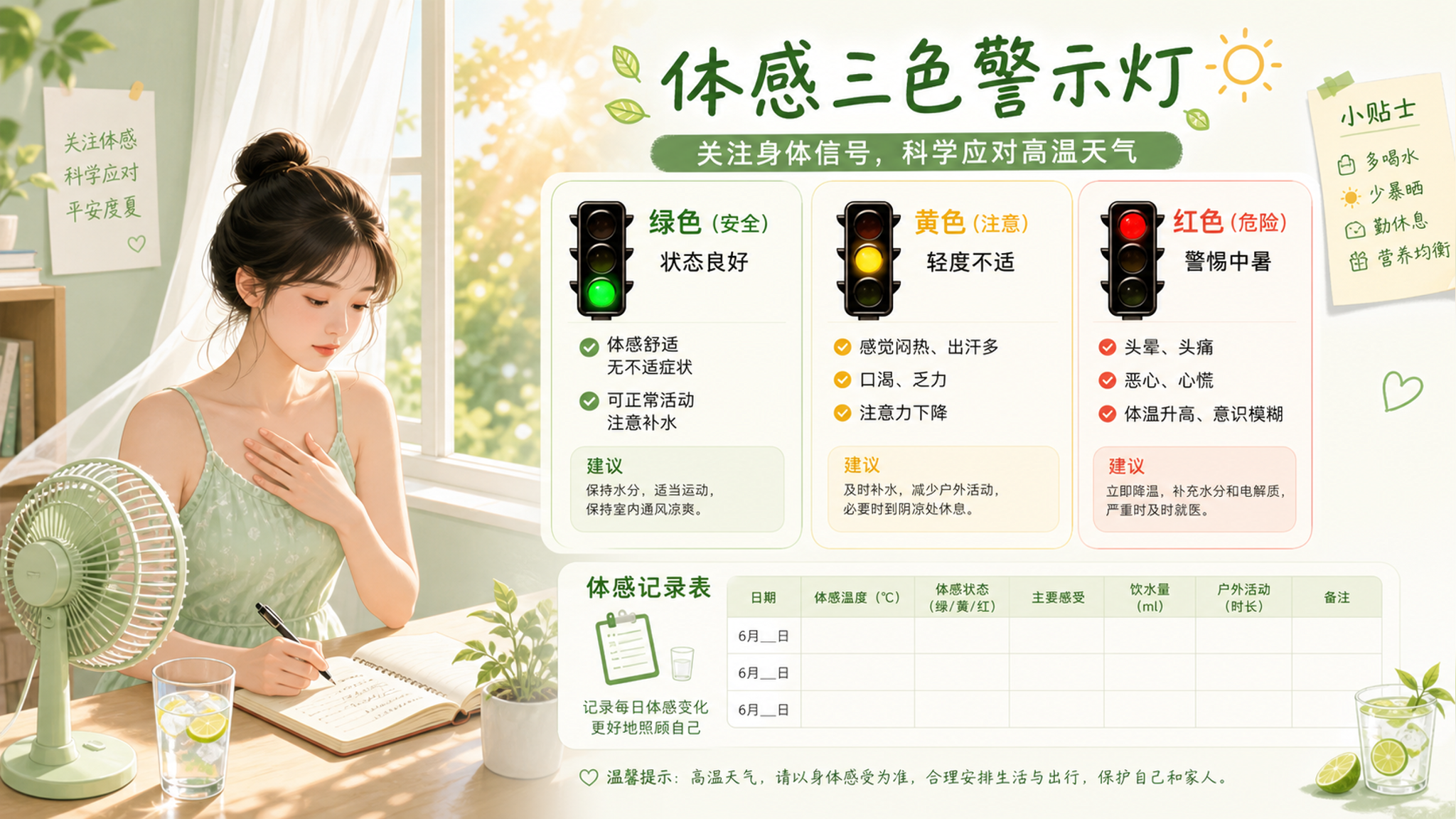 治愈浅绿系插画风格，画面分为三栏交通灯信息图构图（绿色/黄色/红色），场景为中国年轻女性在夏季室内靠
