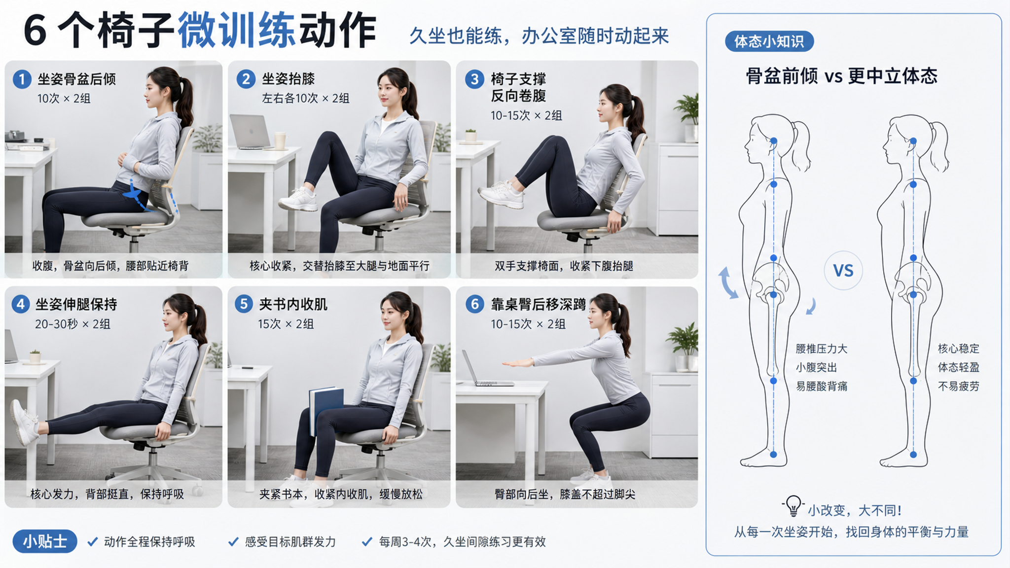久坐小腹顶出来？椅子上8分钟微训练把腰线“扶”回去