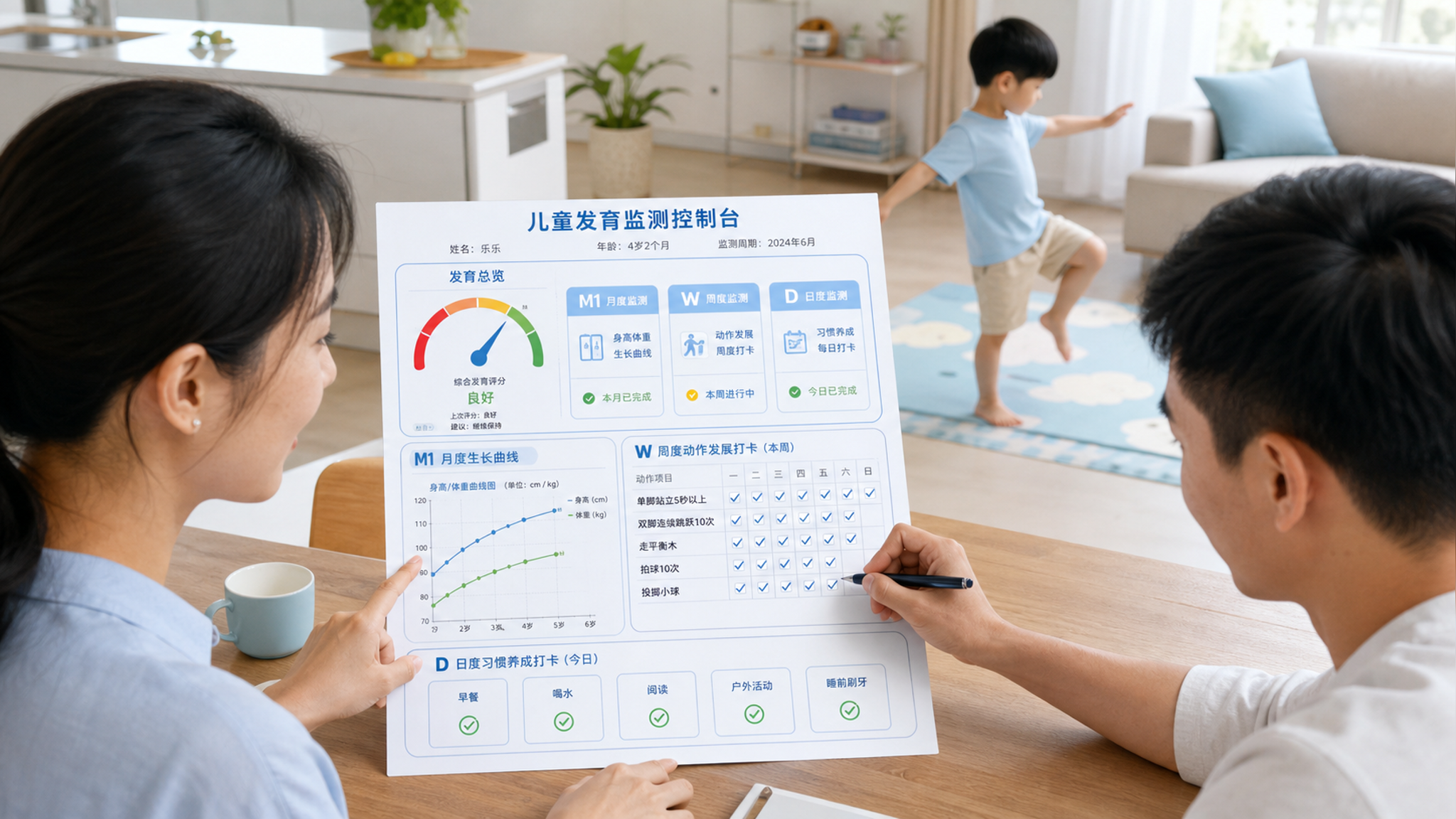 中国年轻父母在家中餐桌旁共同查看一张“儿童发育监测控制台”纸质表格，表格上有红黄绿灯仪表盘、M1月度