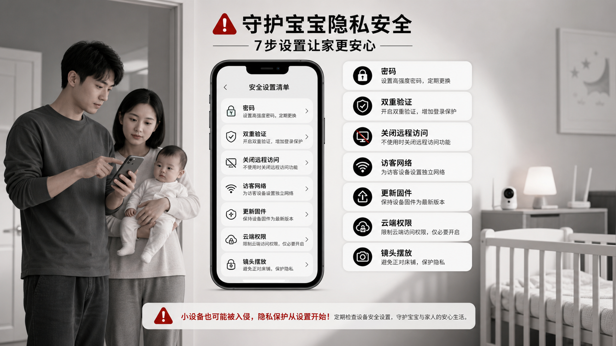 黑白警示风信息图海报,场景为中国年轻父母在婴儿房门口查看手机设置,人物动作是爸爸指着手机屏幕上的“密