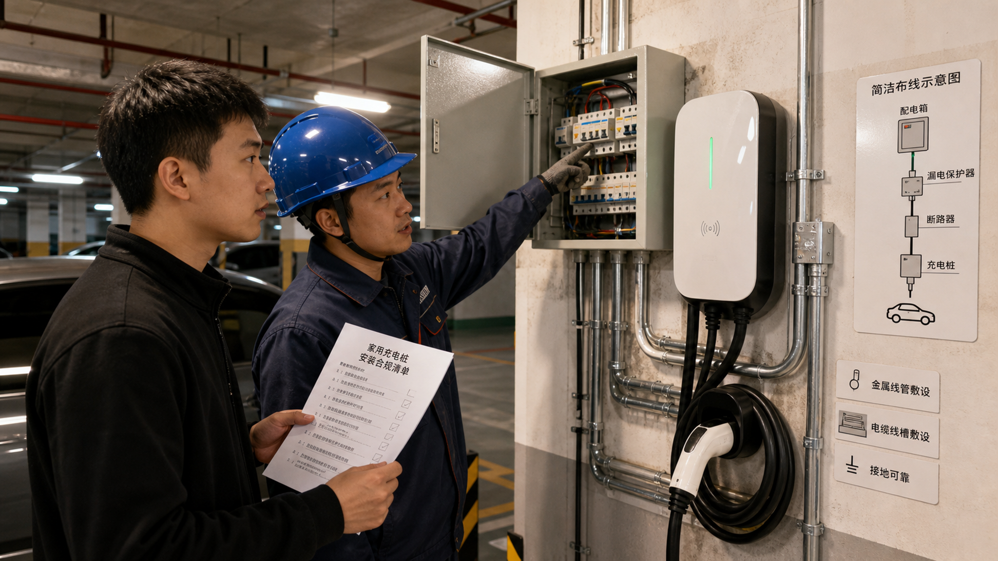 中国年轻男性业主在老旧小区地下车库里与一名穿工装的电工一起查看壁挂式家用充电桩与配电箱,业主手持纸质