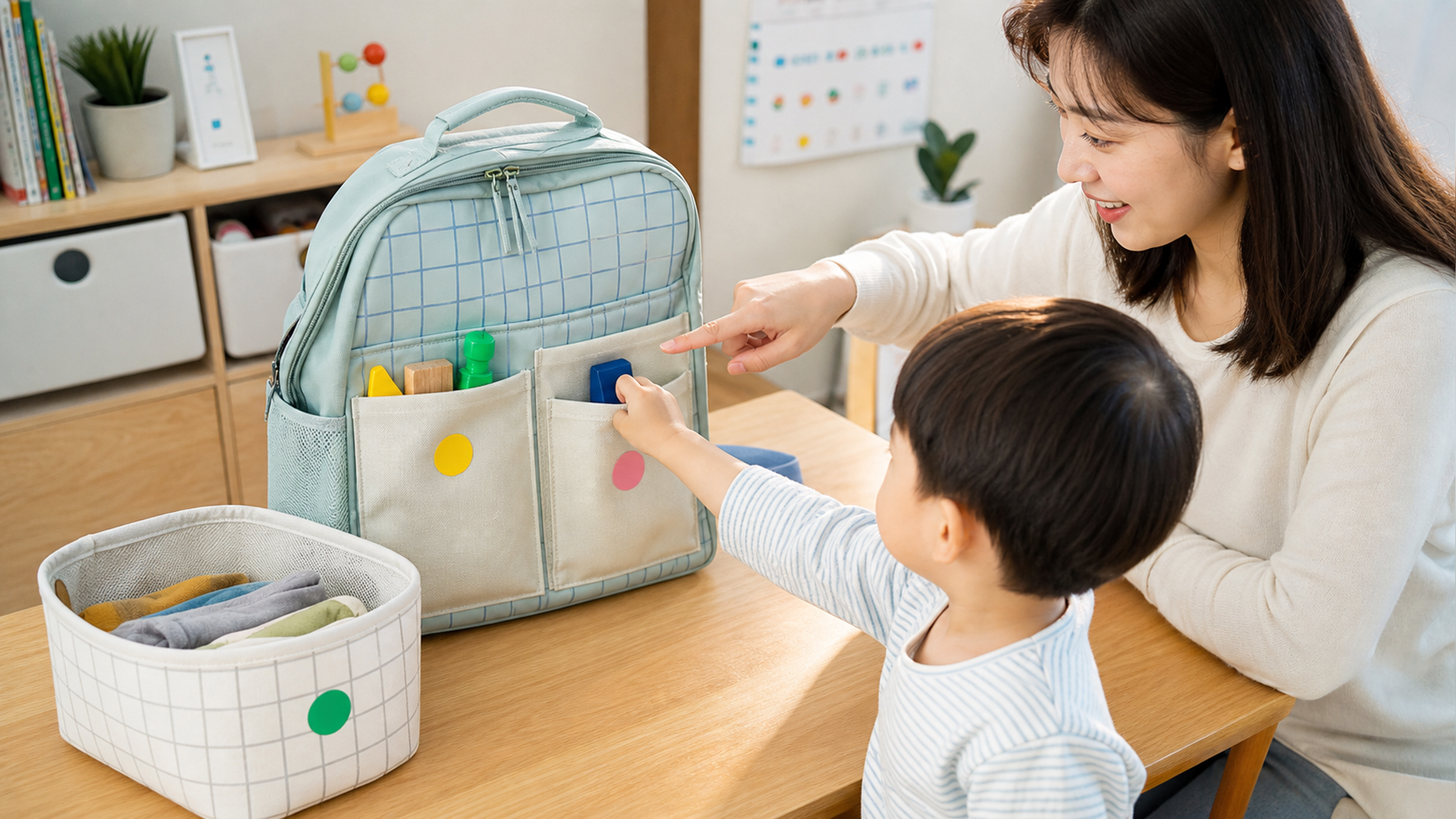 中国年轻妈妈与1-3岁中国幼儿在家中明亮整洁的书桌旁进行亲子互动，桌上放一只带多个外口袋的儿童书包与