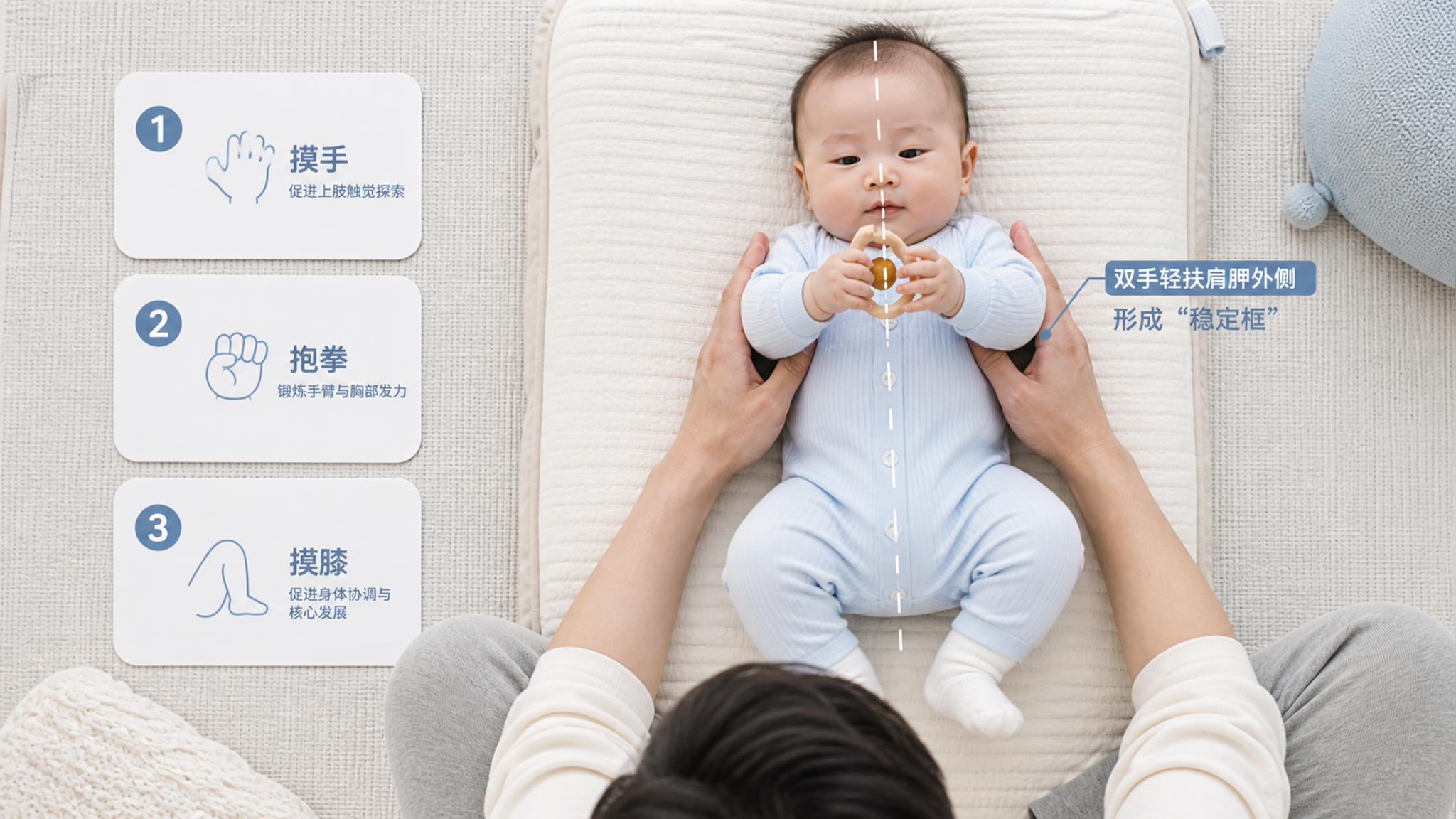 俯拍视角，明亮整洁的家庭卧室或客厅地垫上，一名中国2-4月龄婴儿仰卧在柔软垫子上，画面中用细线标记身