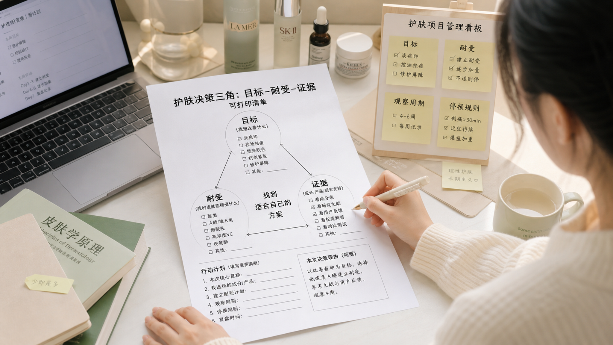 中国年轻女性坐在家中书桌前,桌面摆放护肤品与笔记本电脑,她用笔在一张“护肤决策三角:目标-耐受-证据