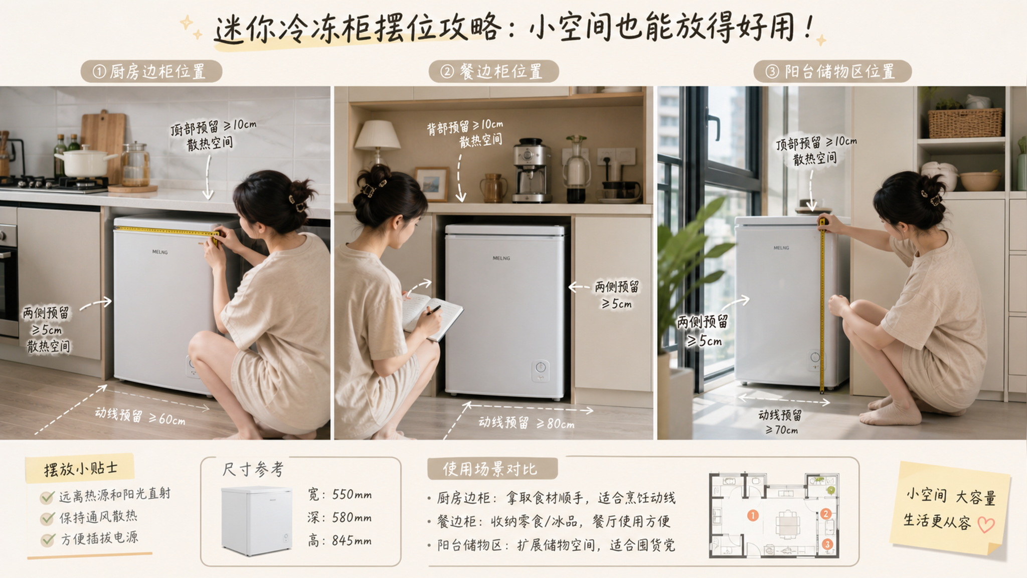 中国年轻女性在小户型公寓内,手拿卷尺对迷你冷冻柜摆位进行测量与标注,场景包含厨房边柜、餐边柜、阳台储