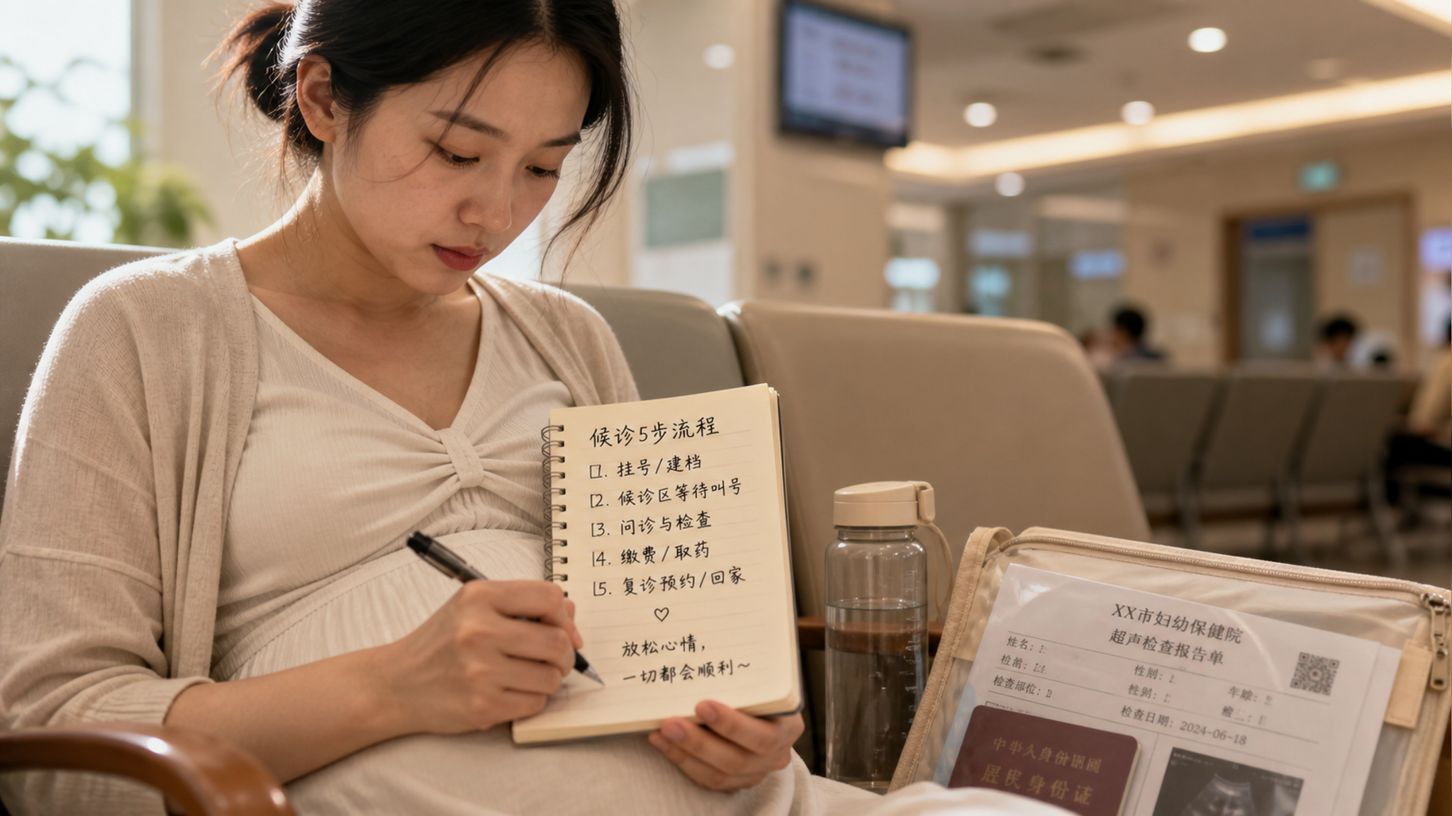 中国孕妇独自坐在医院候诊区的座椅上，手里拿着笔在米白色小本子上写“候诊5步流程”清单，旁边放着透明水