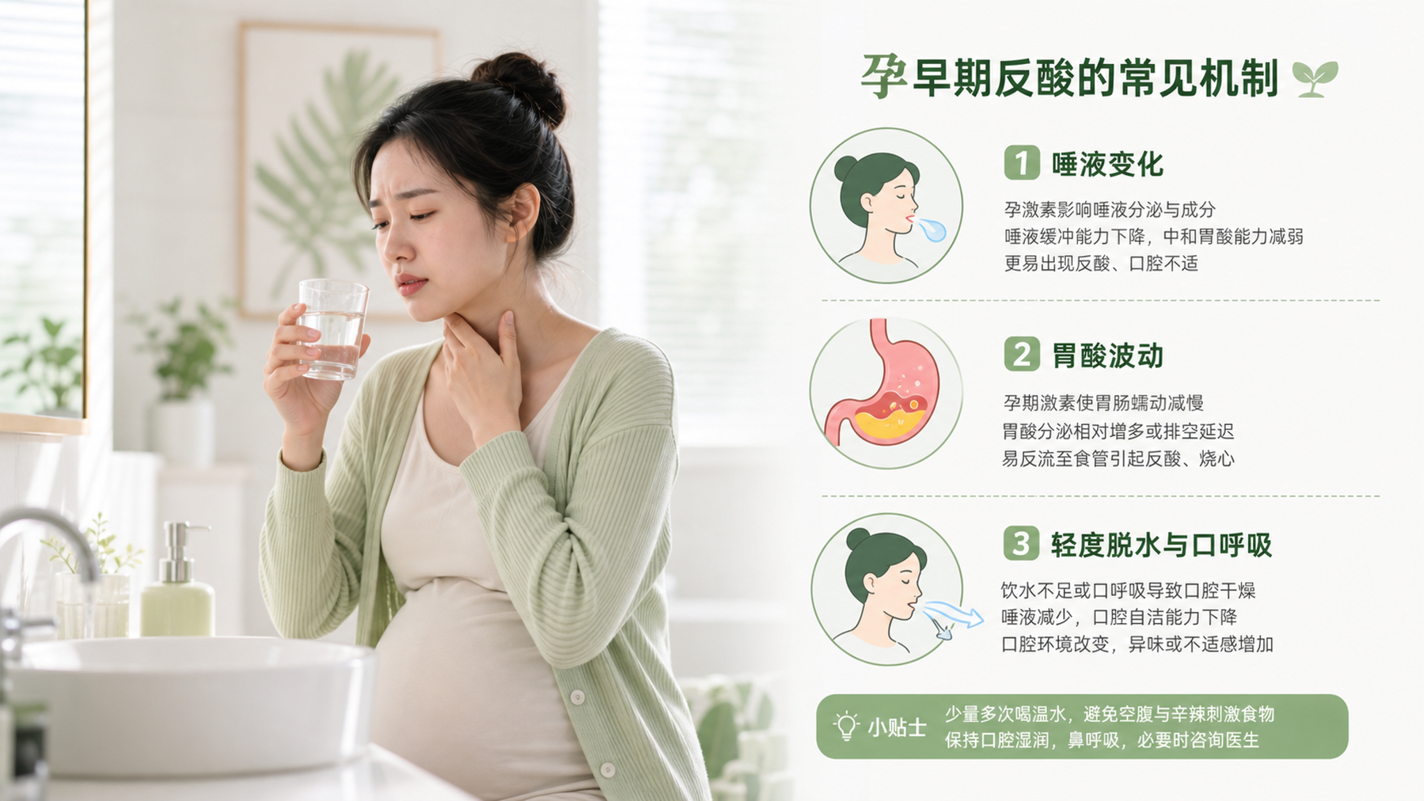 中国孕早期女性坐在明亮干净的卫生间洗手台前，手拿温水杯准备小口饮水，另一只手轻触喉咙位置表现轻微反酸