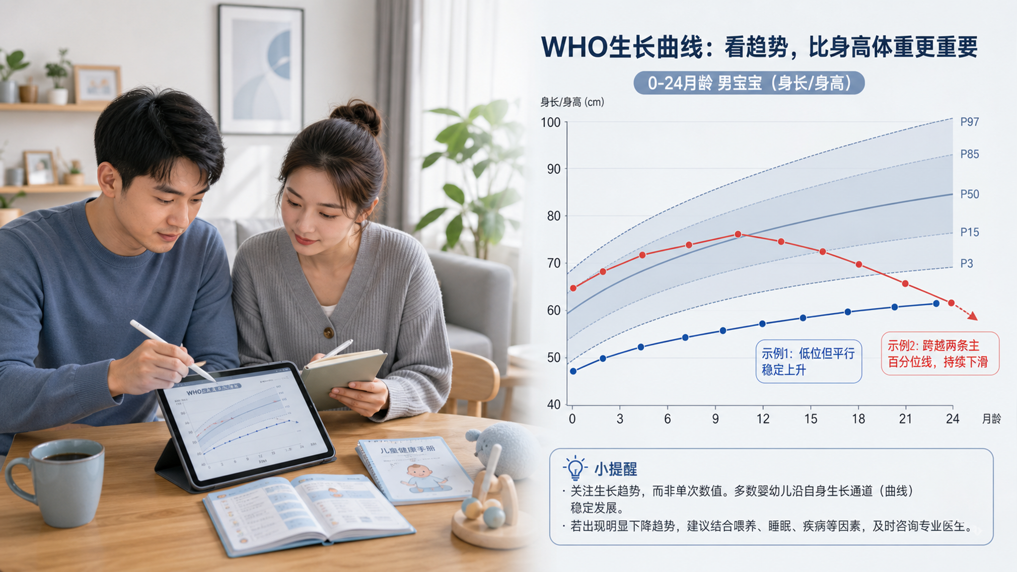 一张理性科普风信息插画，中国年轻父母在家中餐桌旁查看宝宝体检记录，爸爸用平板绘制WHO生长曲线轨迹线