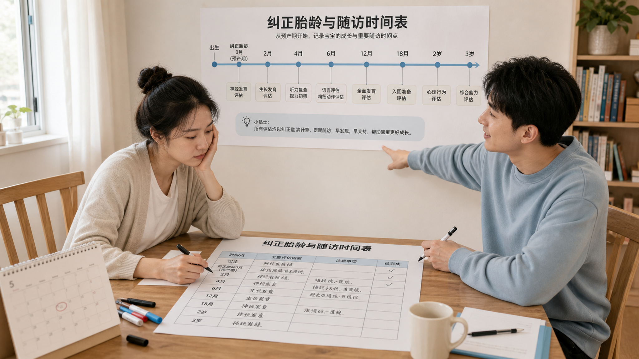 中国年轻妈妈与中国年轻爸爸在家中餐桌旁一起制作“纠正胎龄与随访时间表”海报，桌上有日历、记号笔、简洁