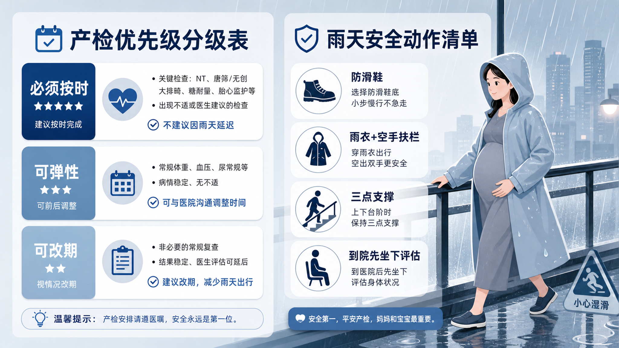 蓝灰雨季信息图风格插画，一张画面分为左右两栏，左侧为“产检优先级分级表”三层卡片（必须按时/可弹性/