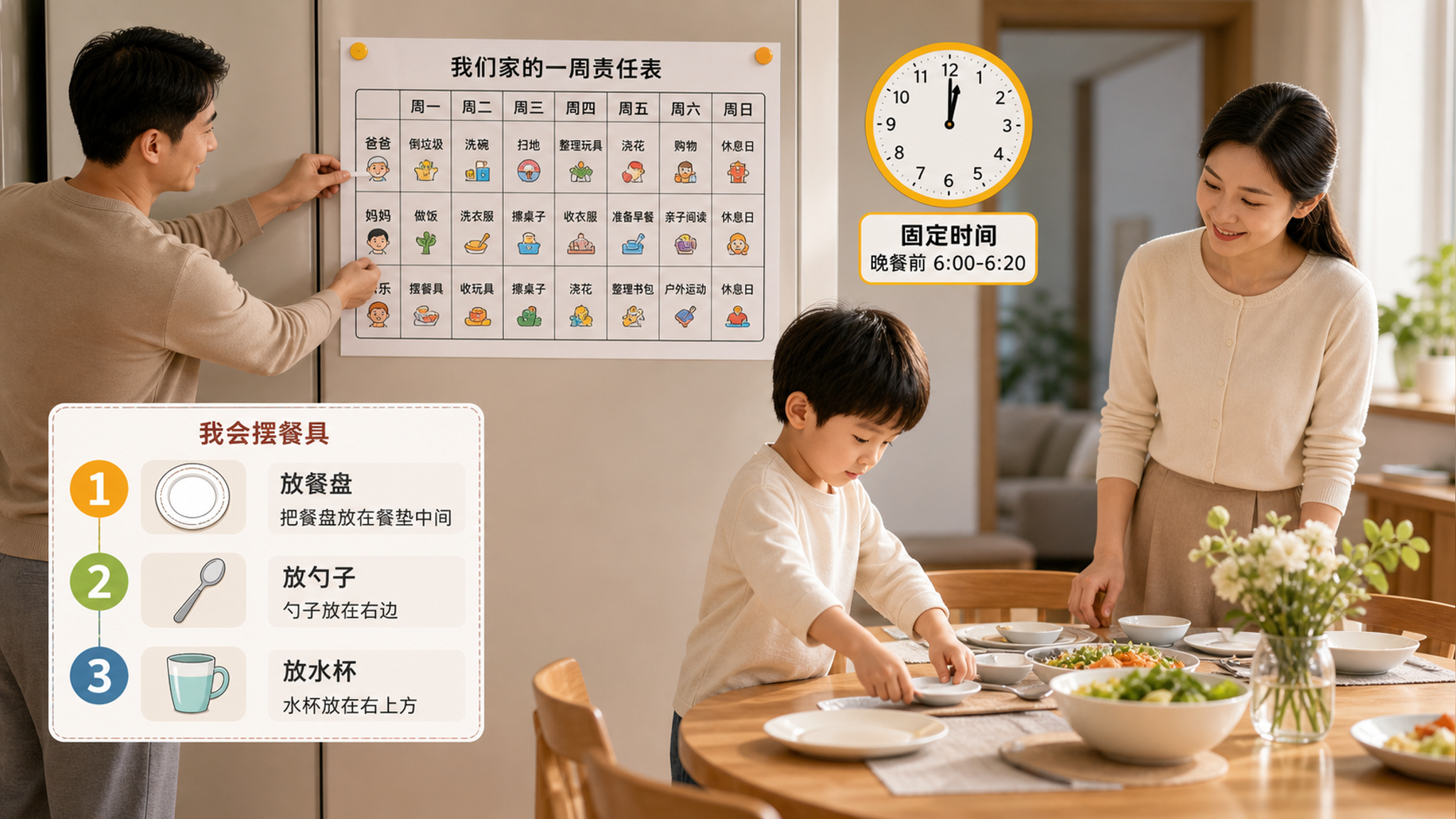中国年轻父母与一名4-6岁中国幼儿在家中餐厅区域一起布置餐桌的场景，孩子站在餐桌旁认真摆放餐具，妈妈
