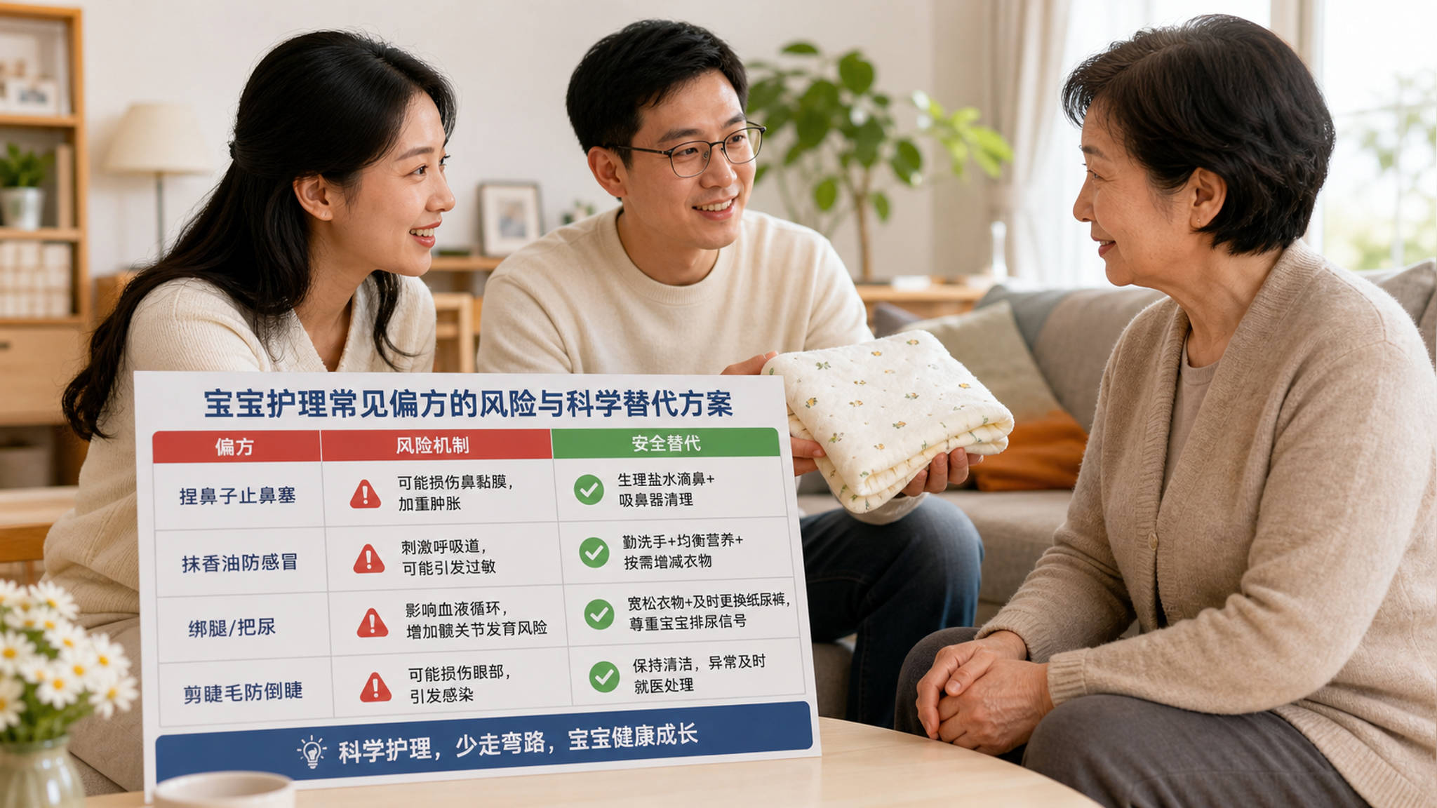 中国年轻父母与一位中国长辈在家中客厅温和交流，桌面放着一张“偏方-风险机制-安全替代”三列表格海报（
