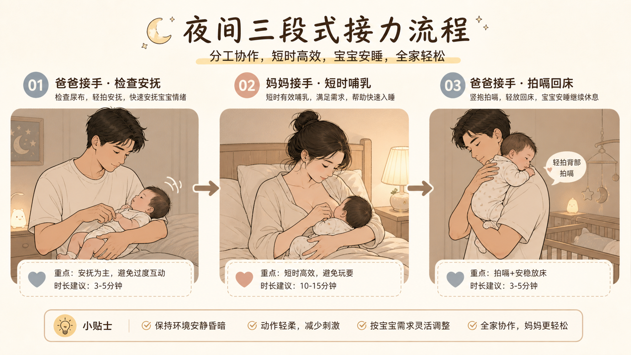 夜里别再默认妈妈：三段接力减少夜醒和乳头疼